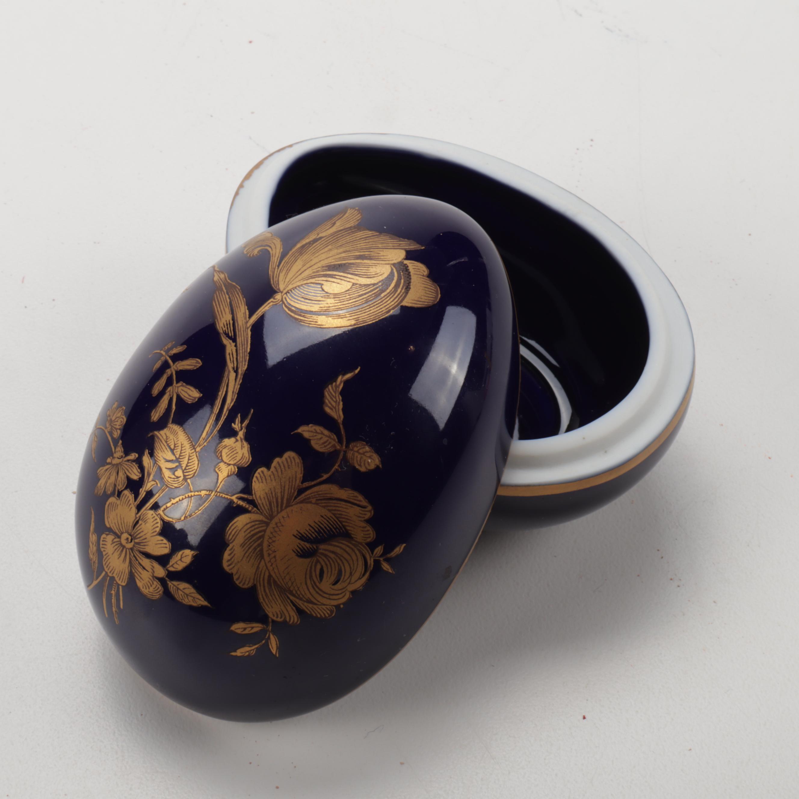 Rochard Limoge Blue and Gold Porcelain EggShaped Box EBTH