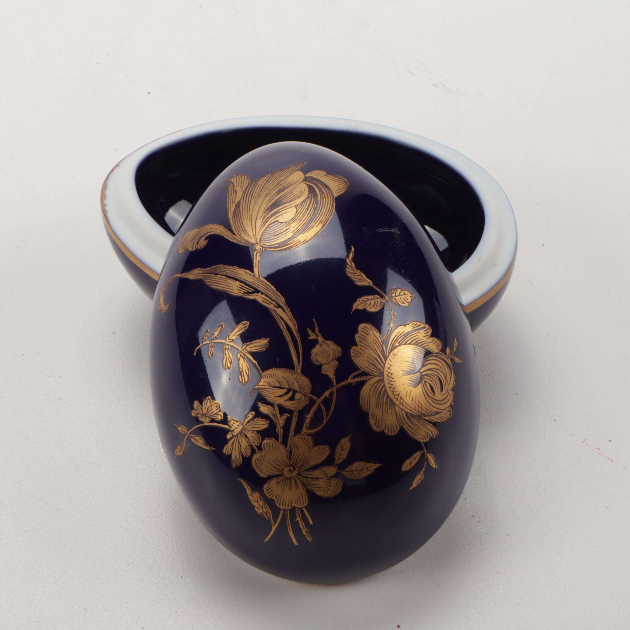 Rochard Limoge Blue and Gold Porcelain EggShaped Box EBTH