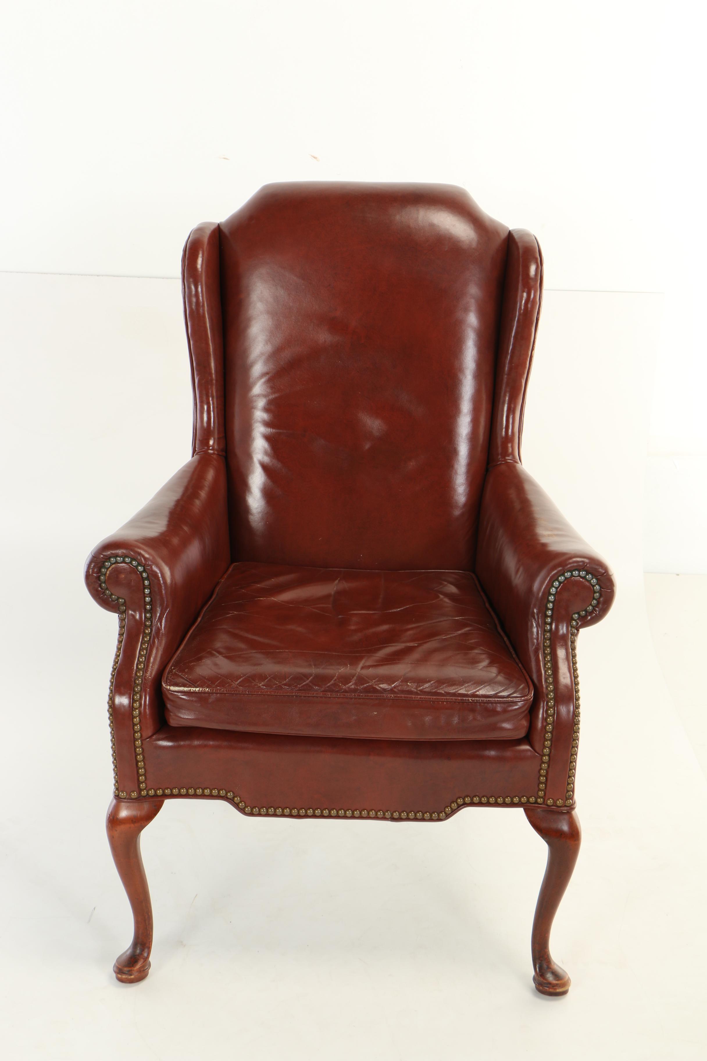 Leathercraft Inc., Queen Anne Style DyedLeather Wingback Armchair EBTH