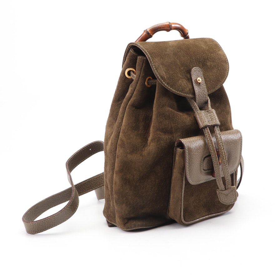 Gucci Brown Suede Backpack Purse Trimmed in Leather with Bamboo Handle and Clasp | EBTH