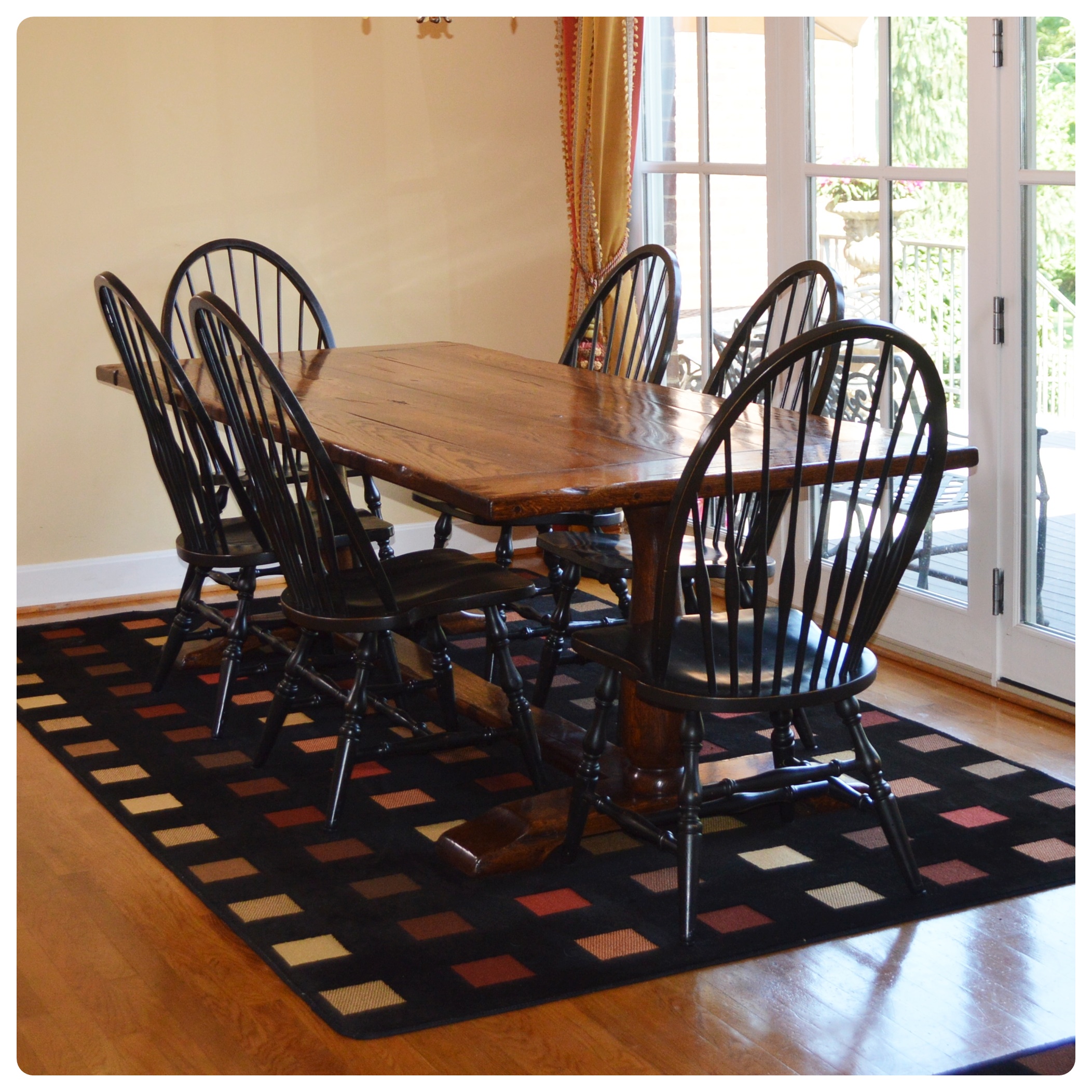 Oak Trestle Dining Table and Six Windsor Style Chairs ...
