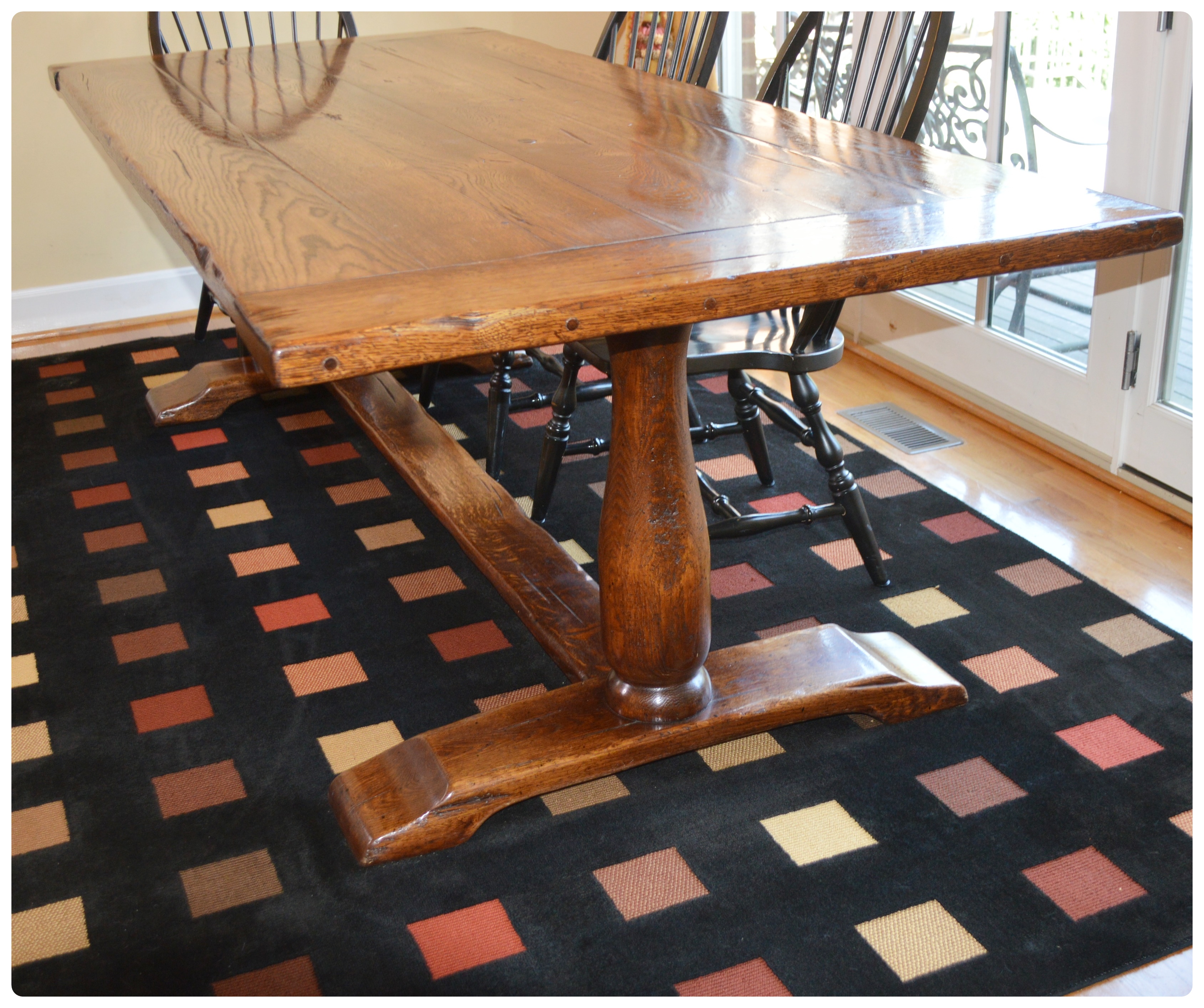 Oak Trestle Dining Table and Six Windsor Style Chairs, Contemporary EBTH