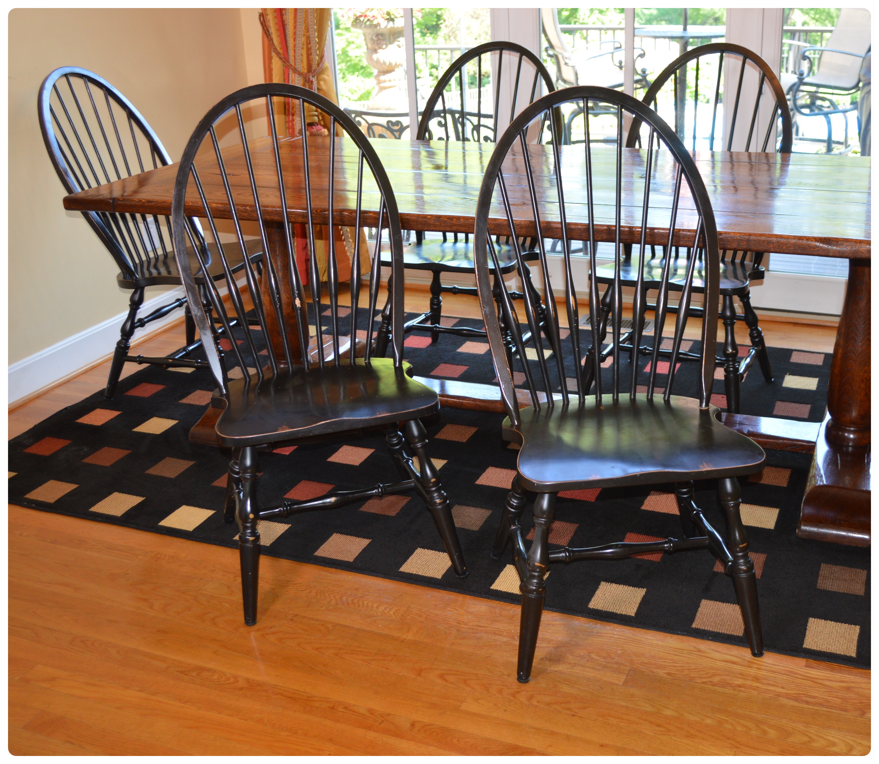 Oak Trestle Dining Table and Six Windsor Style Chairs, Contemporary EBTH