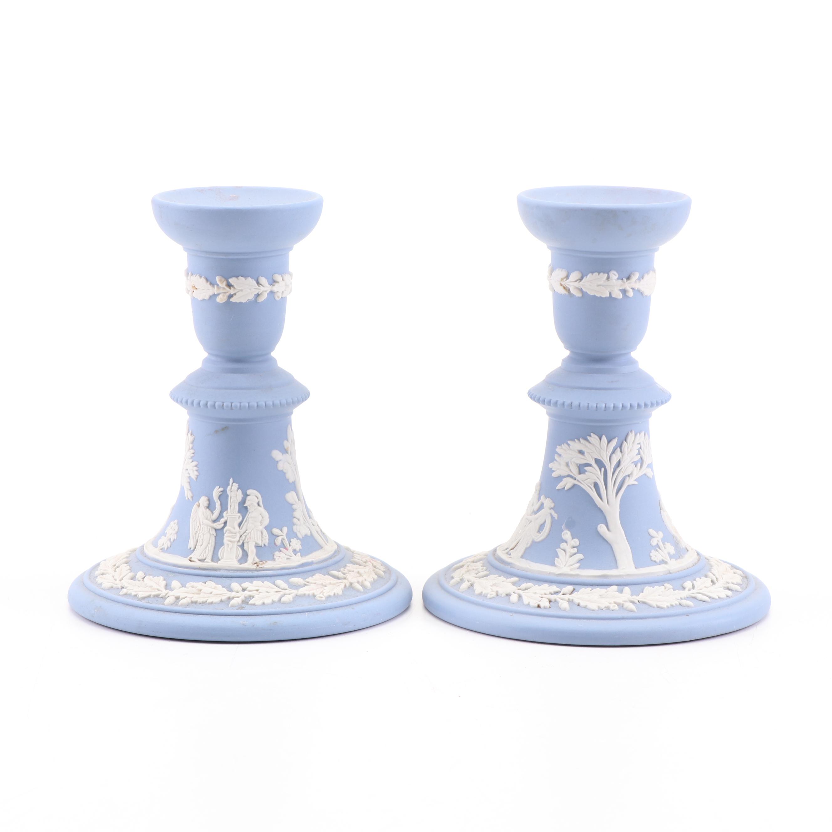 Wedgwood Jasperware Candlesticks and Covered Jar EBTH