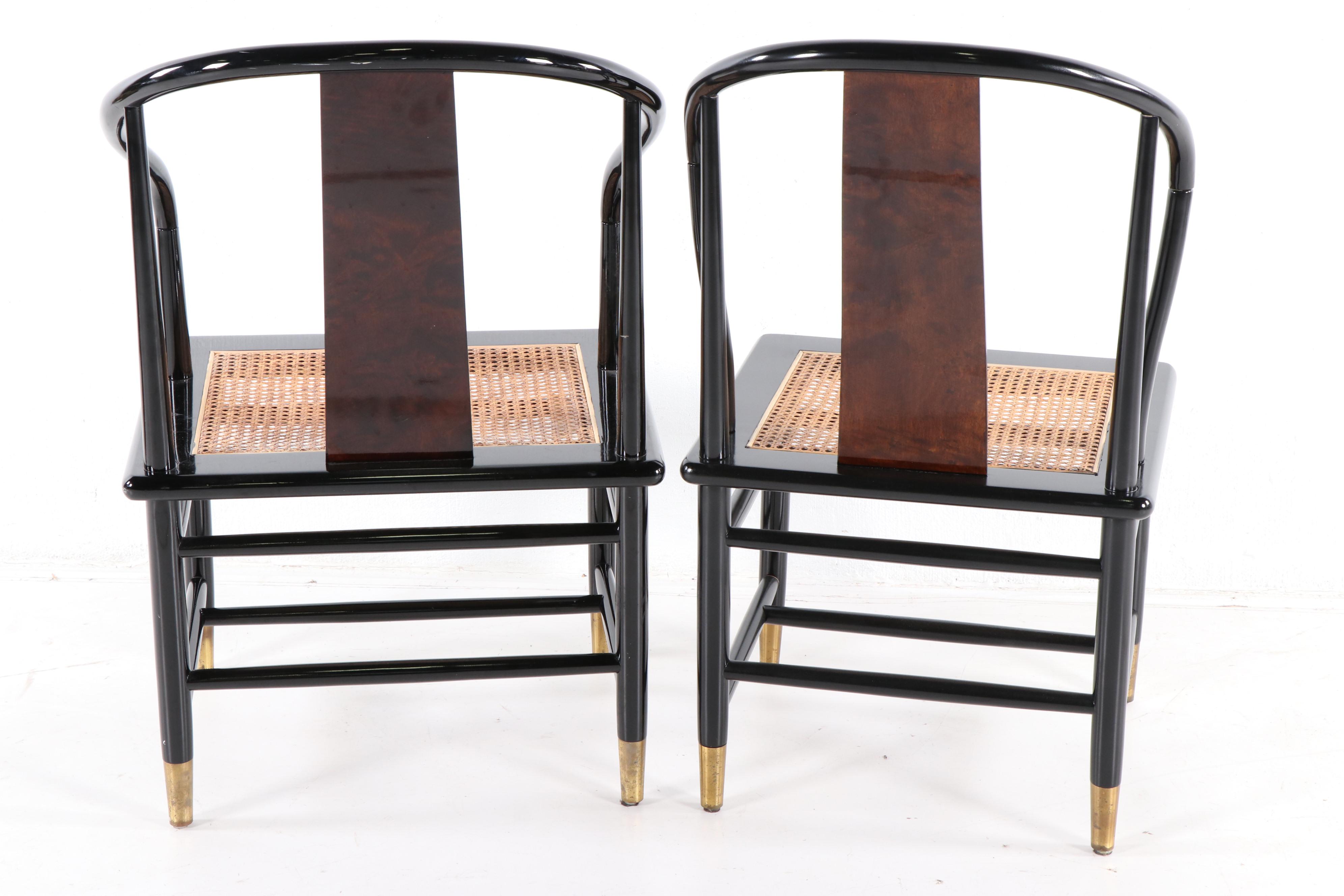 Henredon Chinese Style Black Lacquer Roundback Cane Seat Dining Chairs