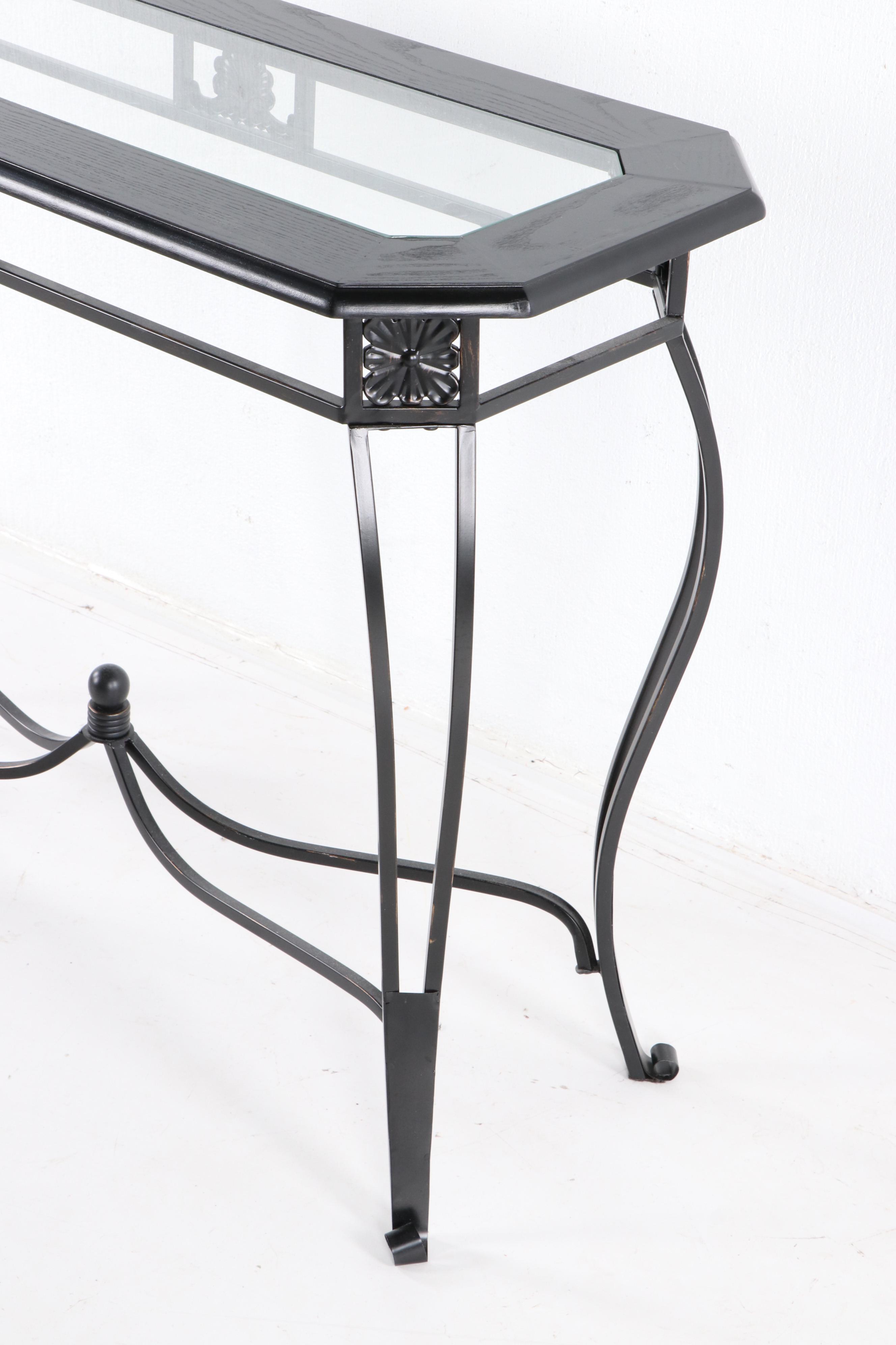 Metal Scrollwork, Ebony Wood Finish and Glass Top Console ...
