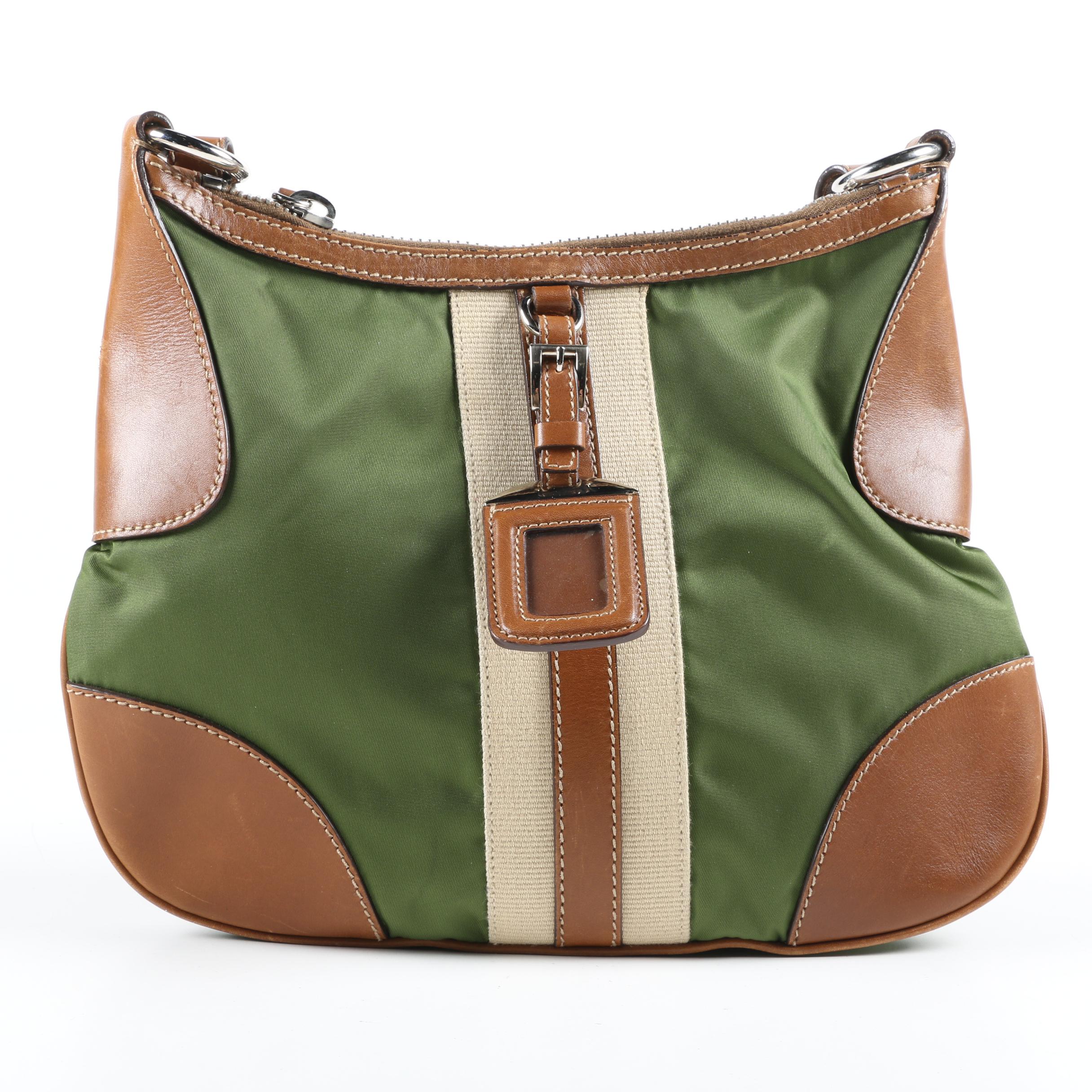 Prada Stripe Hobo Bag in Army Green Nylon with Sughero Stripe and Tan
