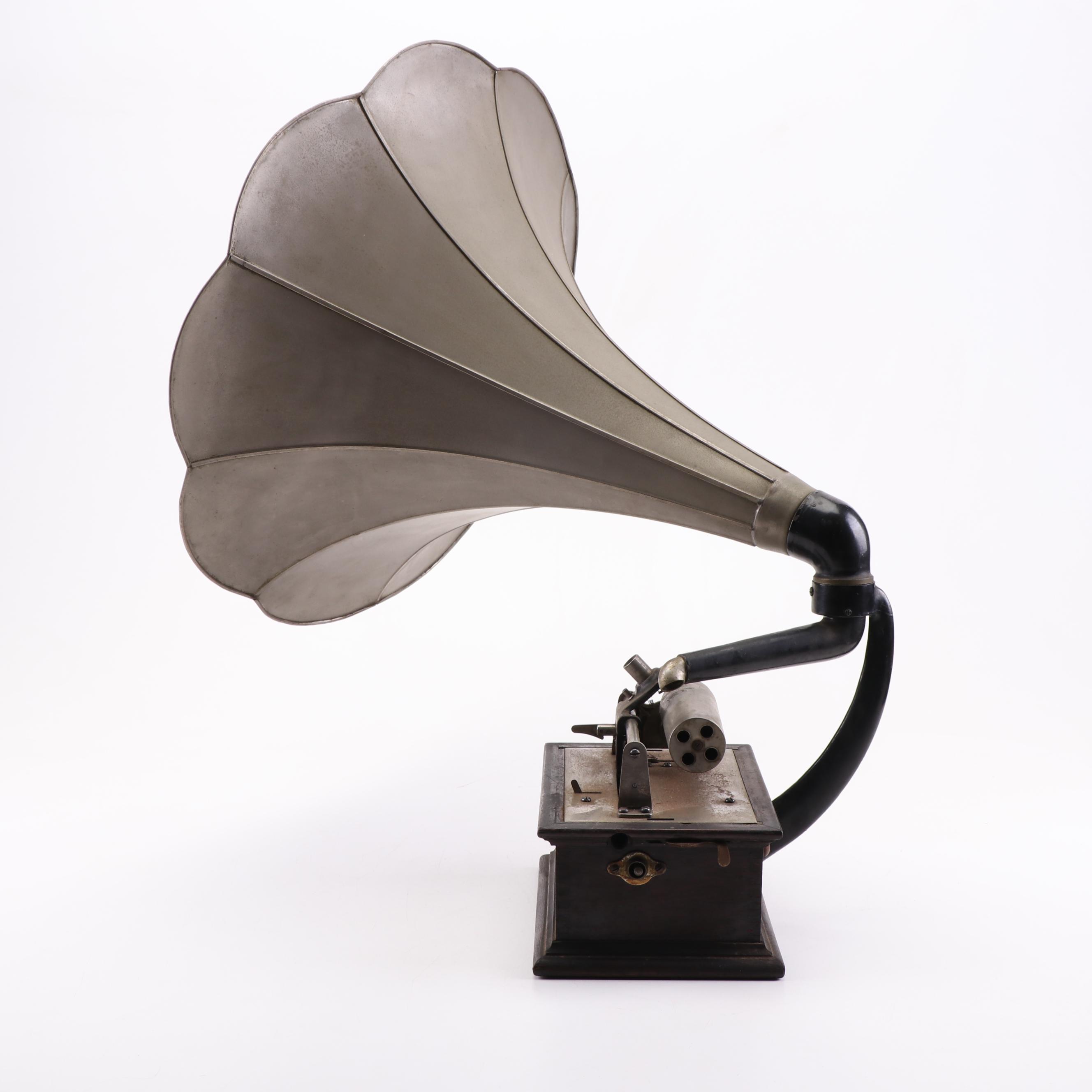 Antique Phonograph Music Player with Silver Tin Horn, Early 20th