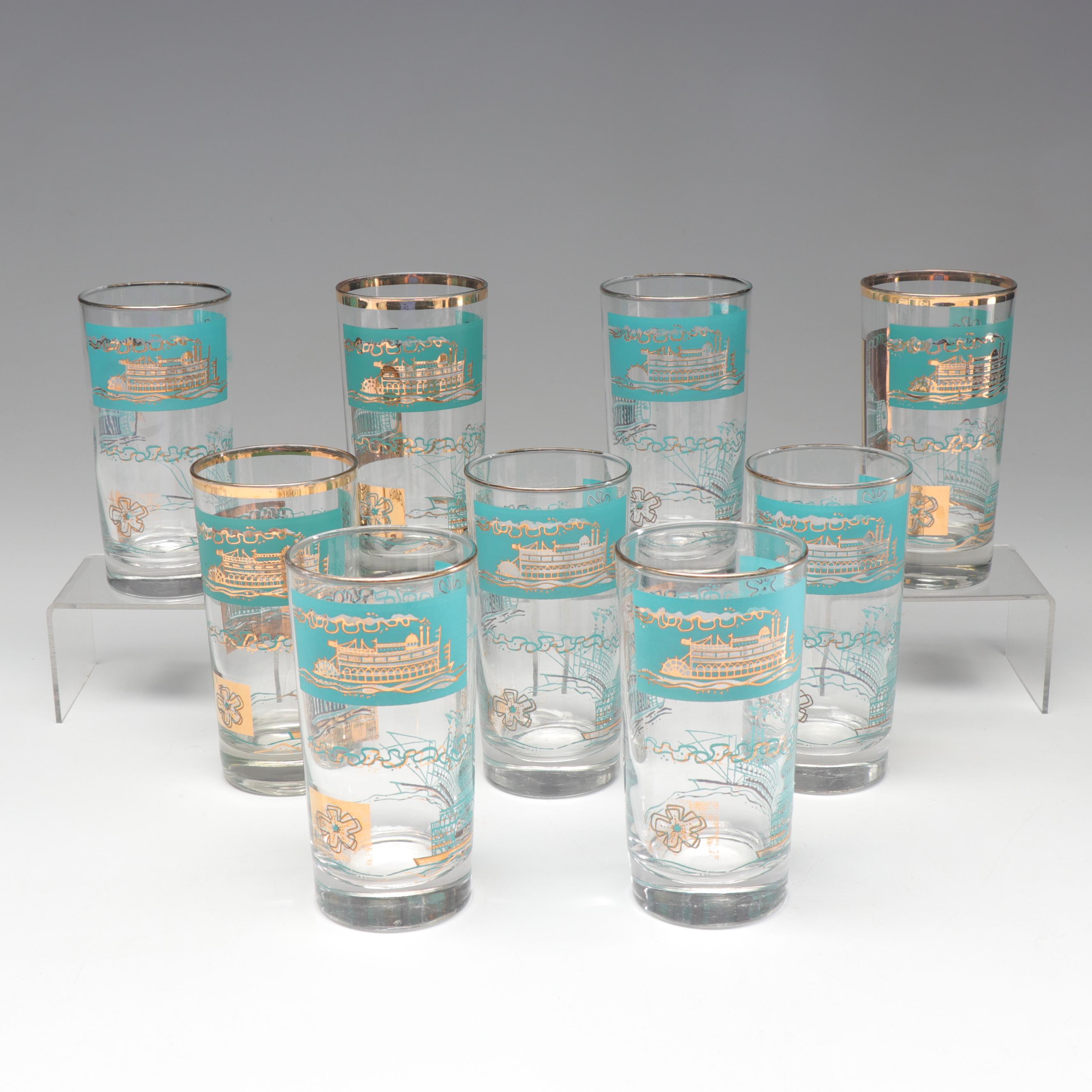 Libbey Southern Comfort Steamboat Turquoise And Gold Glasses
