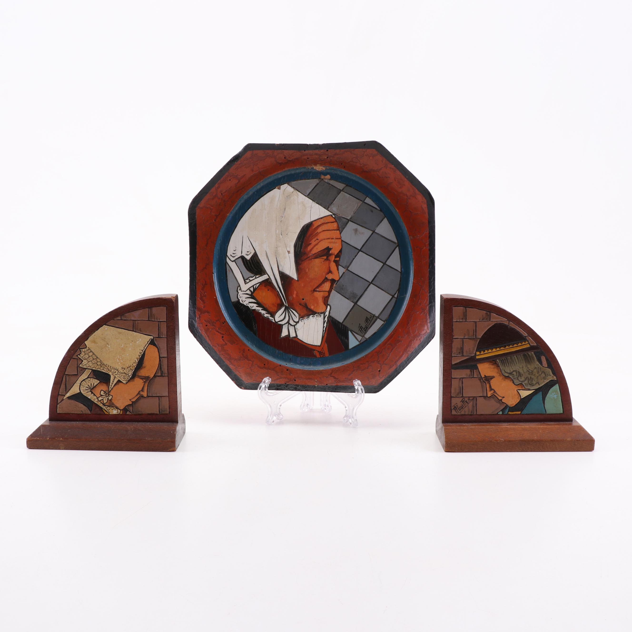 P. Fouillen for Quimper Carved Wood Bookends and Decorative Plate