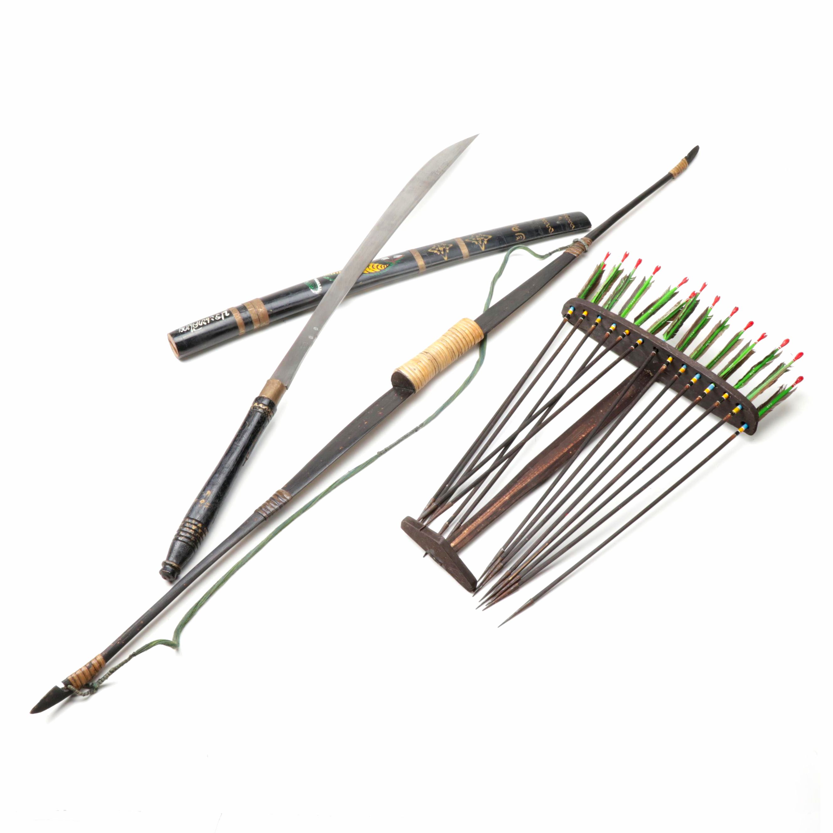 Southeast Asian Weapons Including Sword and Bow with Arrows, Vintage EBTH