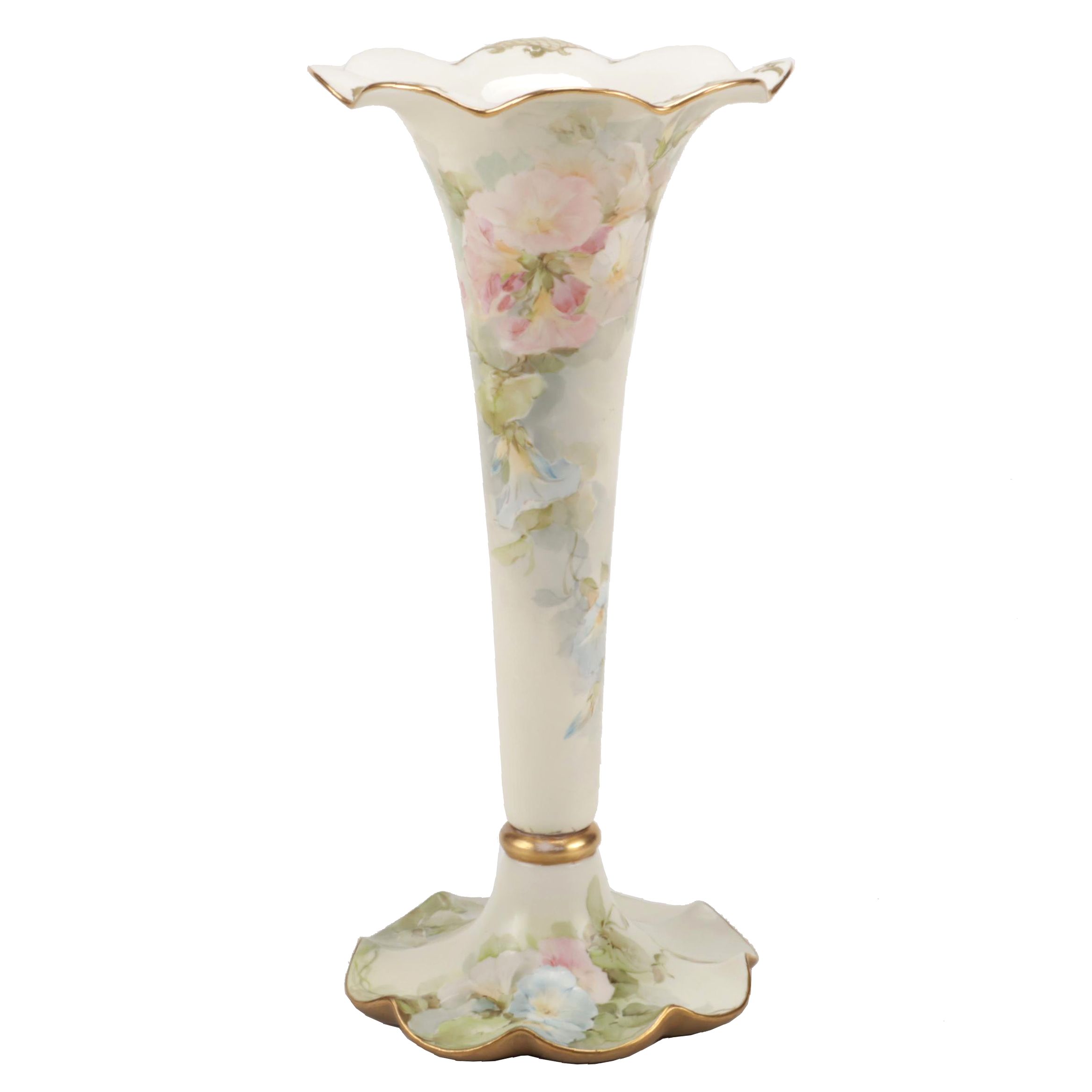 American Belleek Tall Porcelain HandPainted Floral Trumpet Vase EBTH