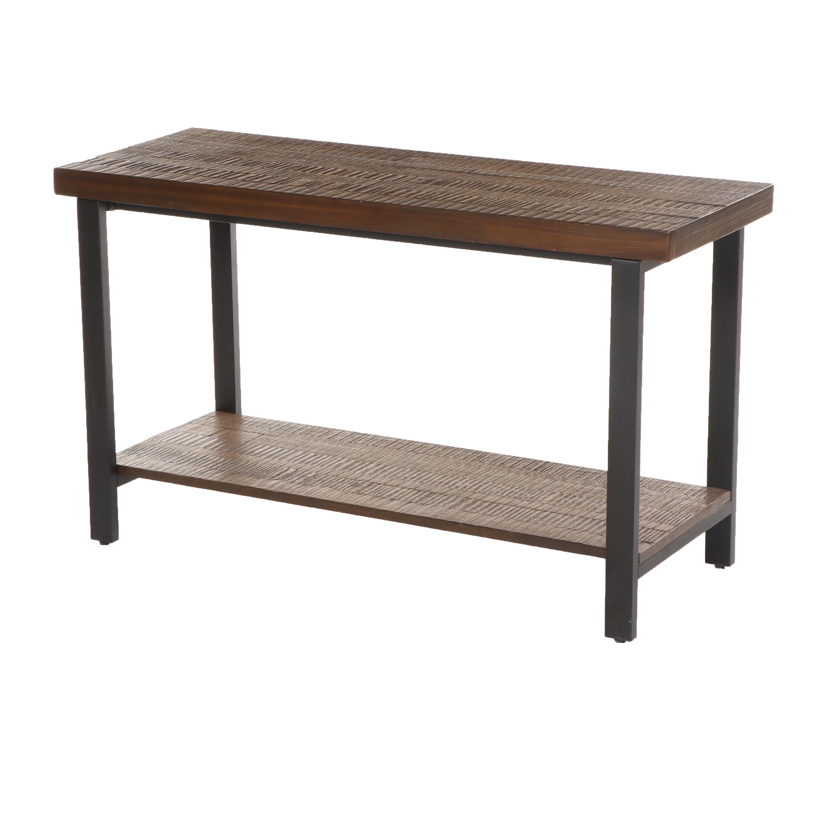 Contemporary TwoTier Black Metal Frame Hall Table with Textured Wood