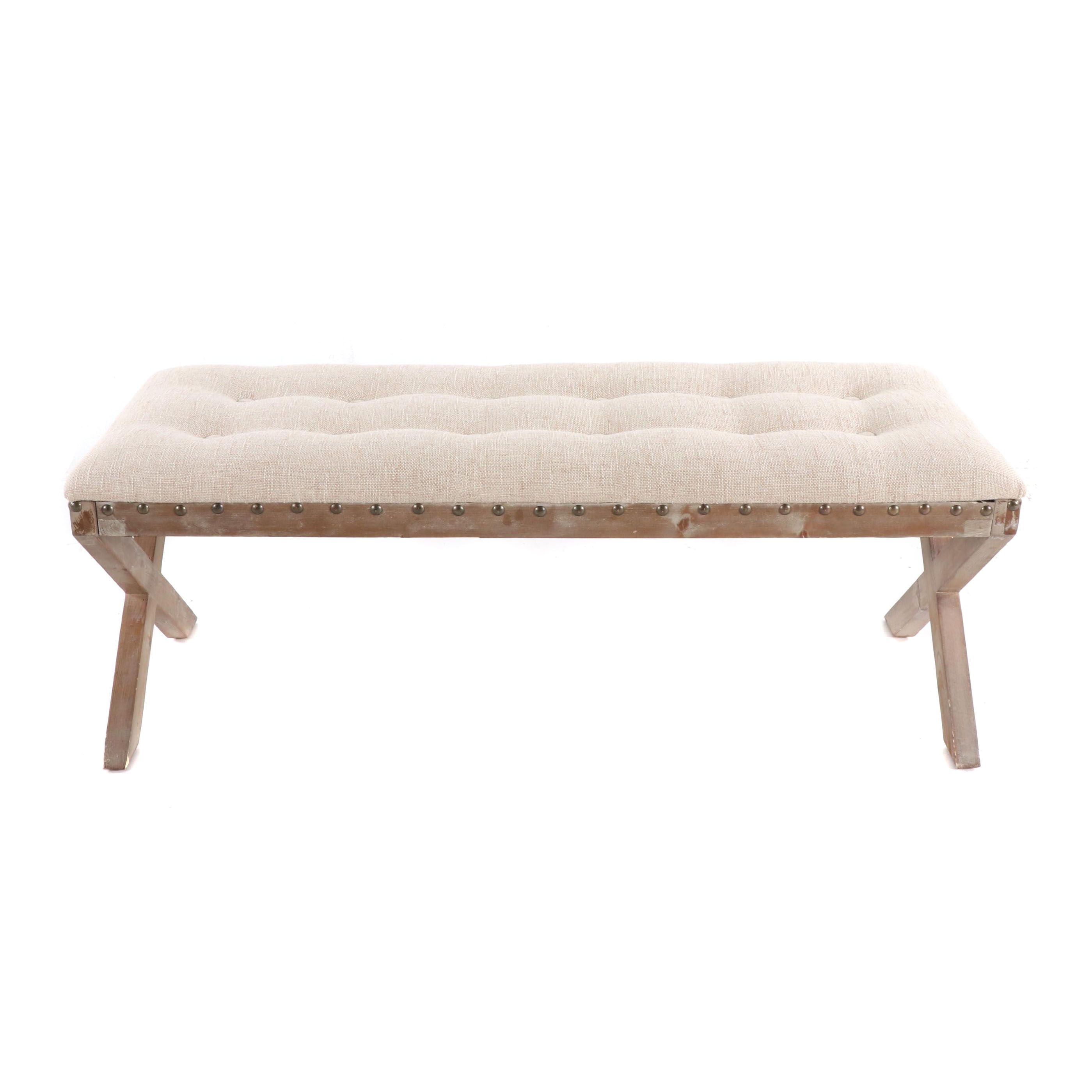Contemporary Tufted Linen Upholstered X Bench With Driftwood