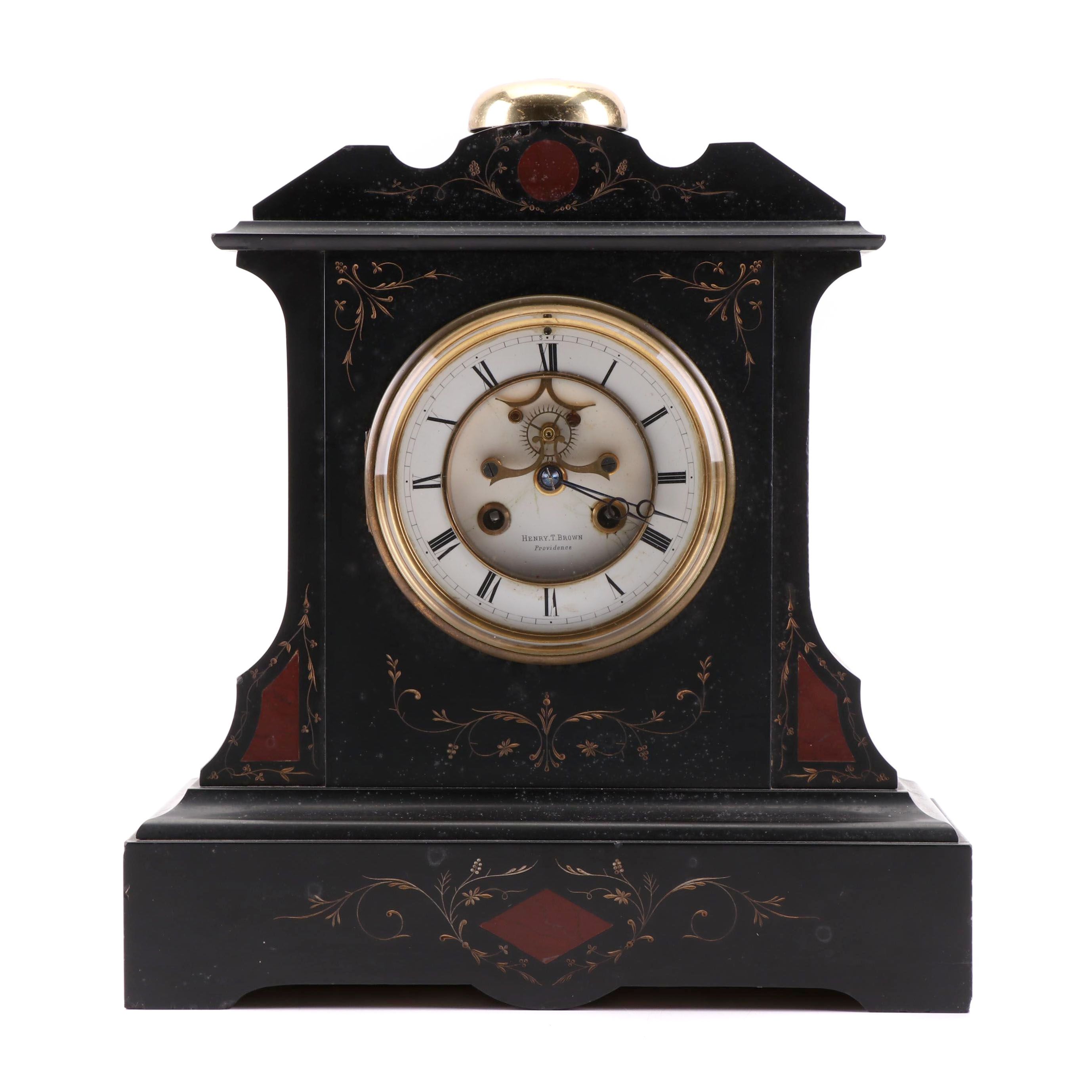 Henry T. Brown Slate Mantel Clock with Inset Marble, Late 19th Century