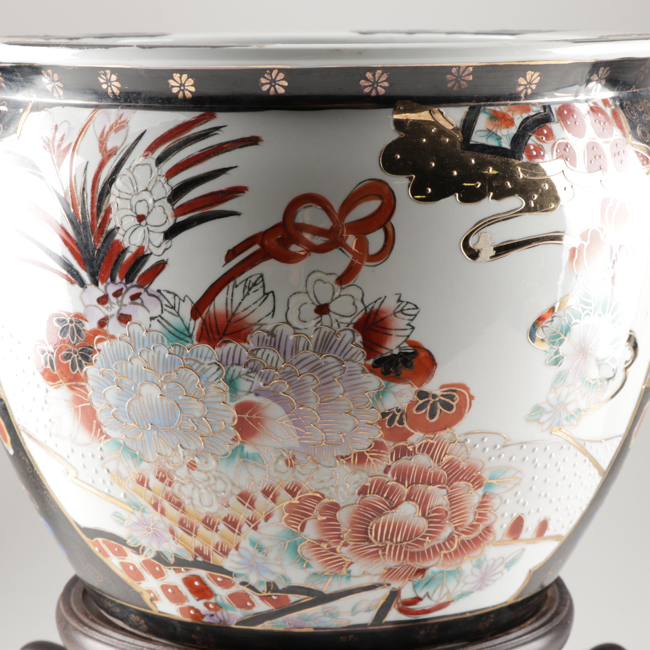 Large Chinese Ceramic Fish Bowl Planter with Wood Base EBTH