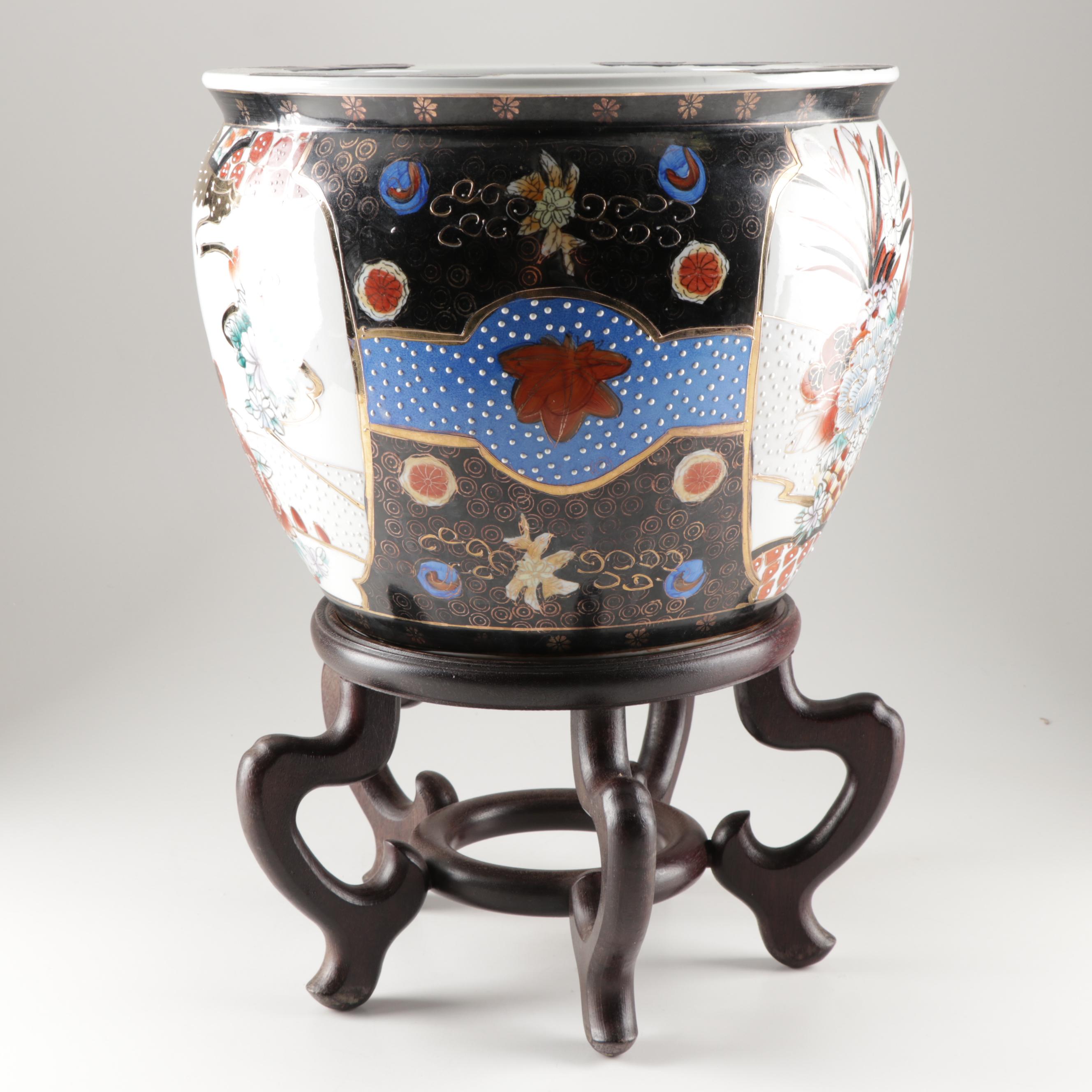 Large Chinese Ceramic Fish Bowl Planter with Wood Base EBTH