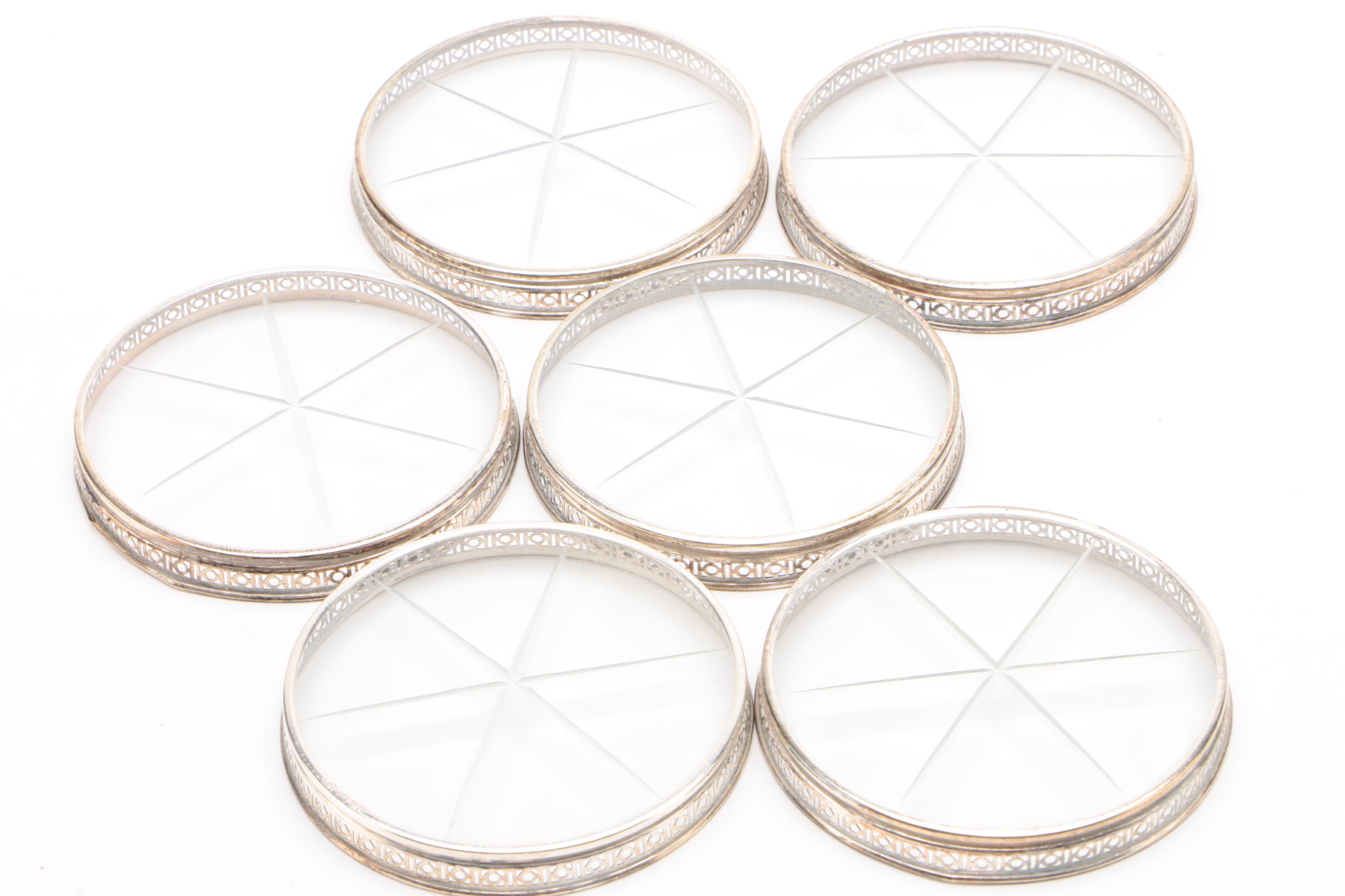 Sterling Silver and Etched Glass Coasters Including ster Company