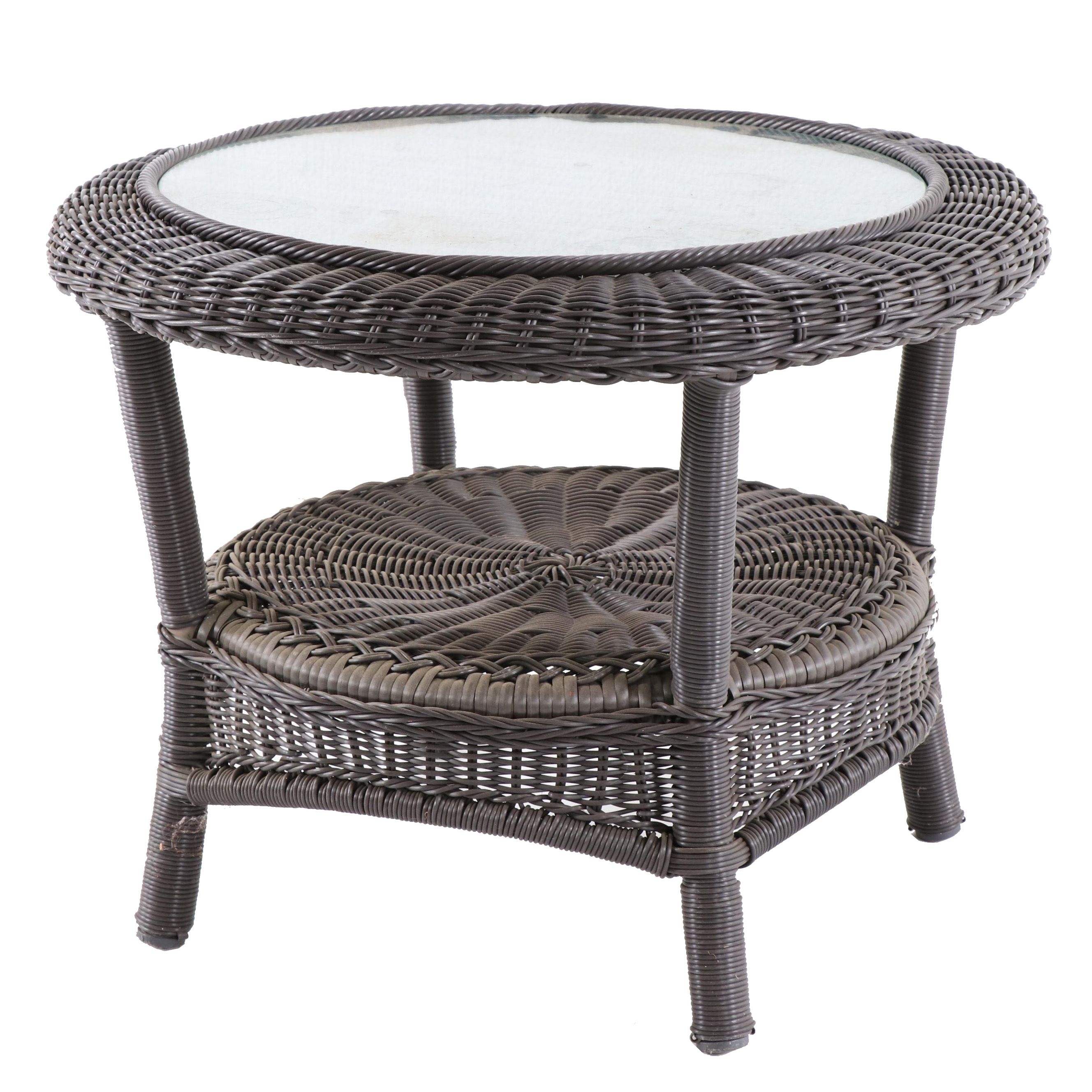 Outdoor Wicker Patio Side Table with Glass Top | EBTH