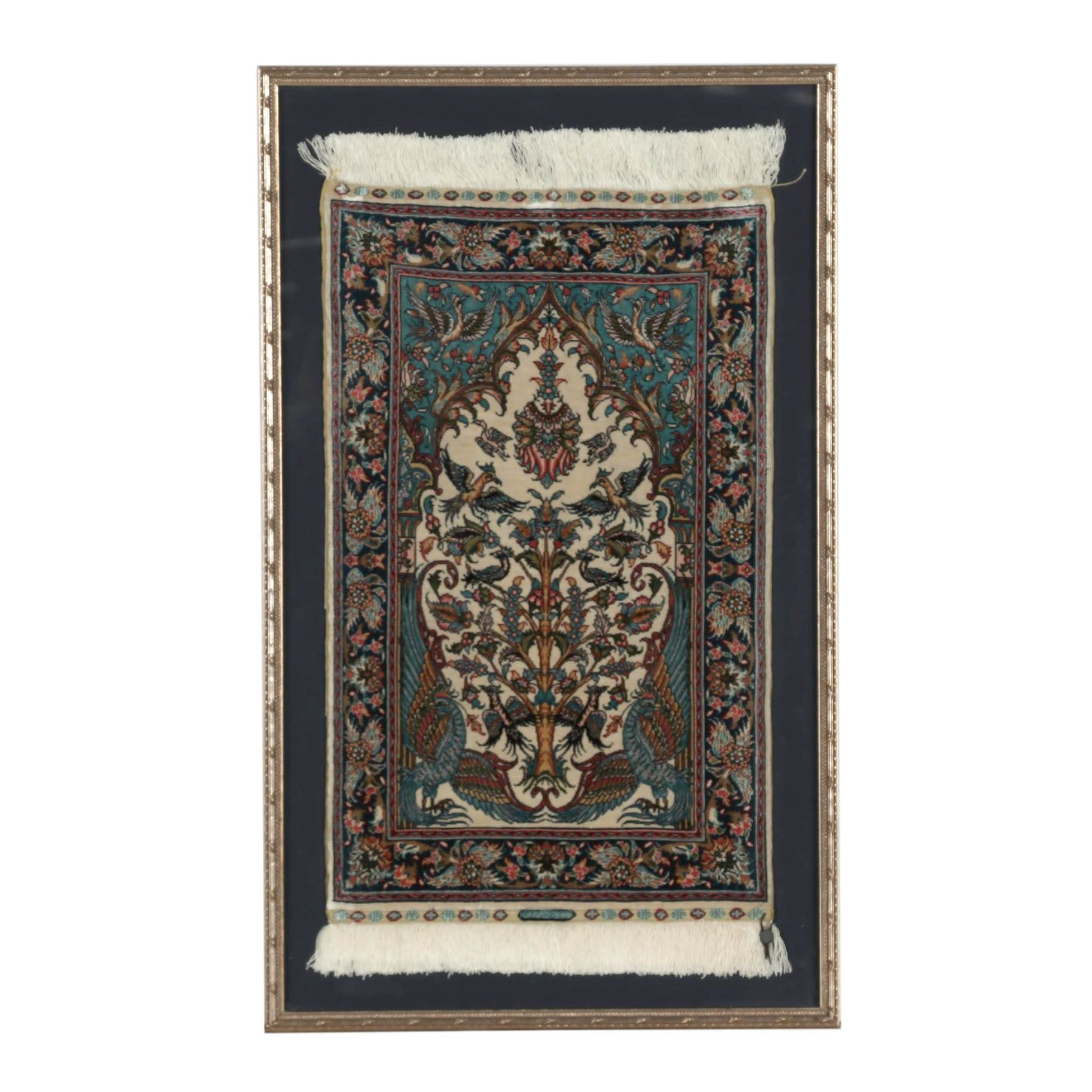 Hand-Knotted Turkish Silk Hereke Framed Pictorial Prayer Rug | EBTH