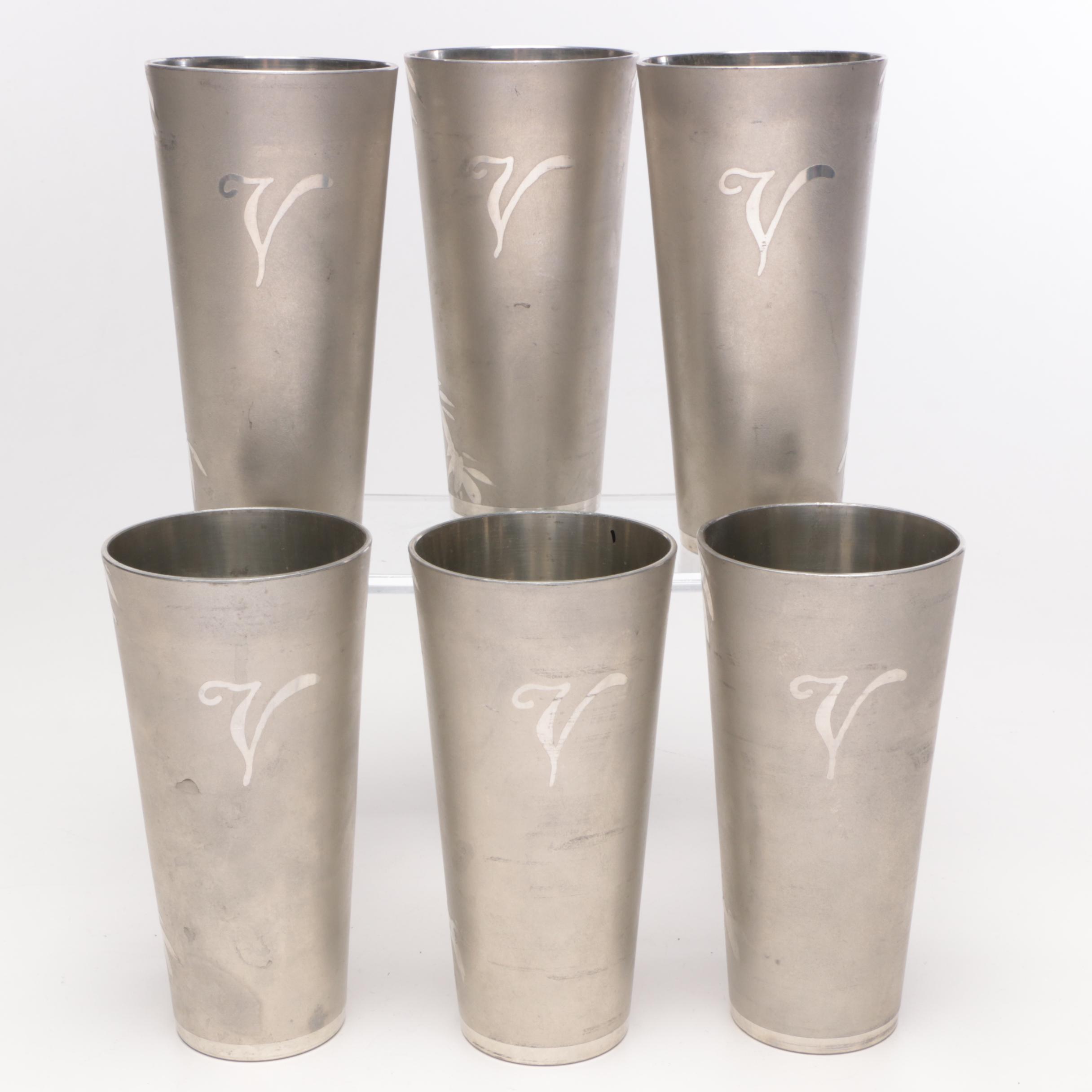 Stainless Steel Palm Tree Etched Drinking Glasses, Circa 1940s EBTH