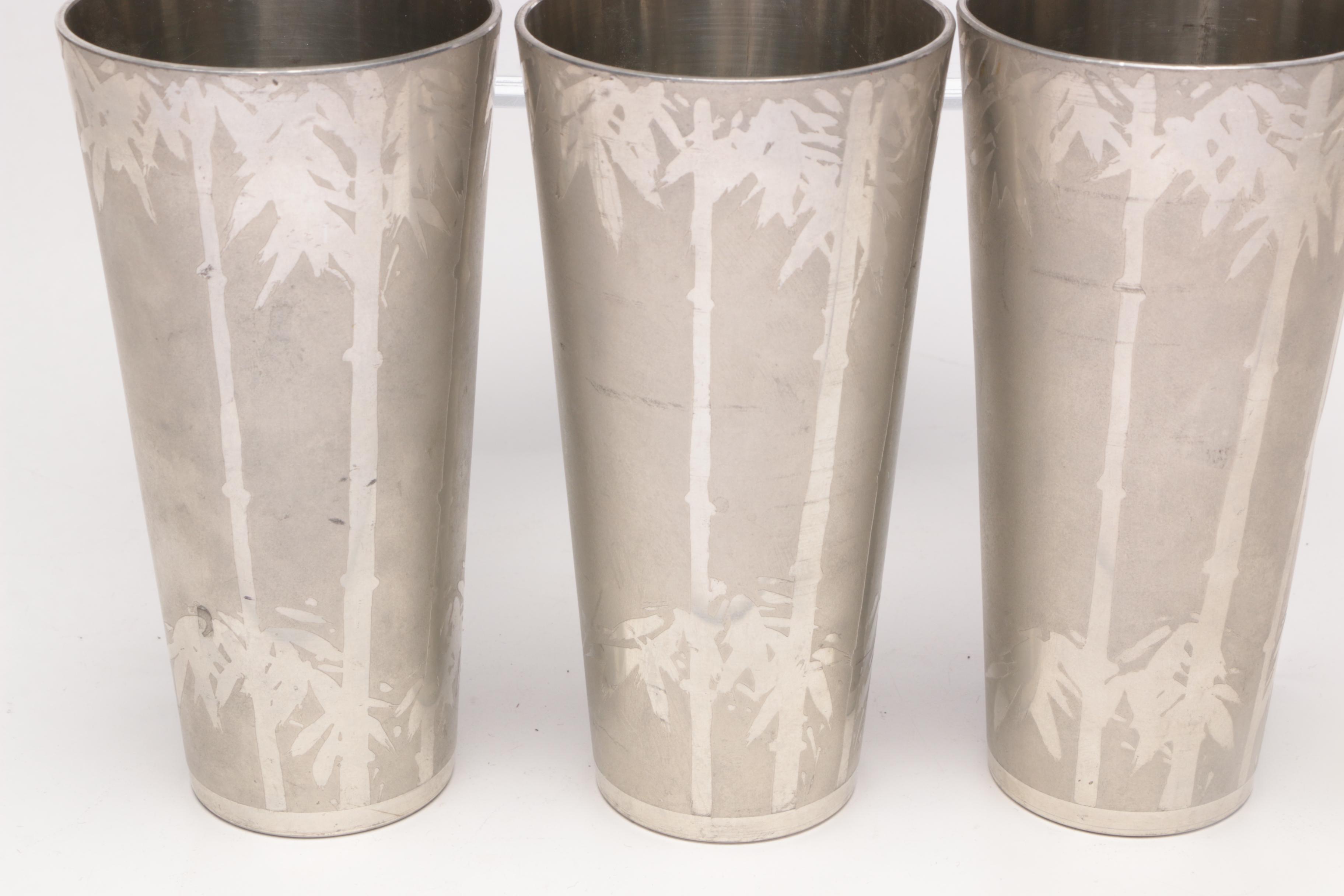 Stainless Steel Palm Tree Etched Drinking Glasses, Circa 1940s EBTH