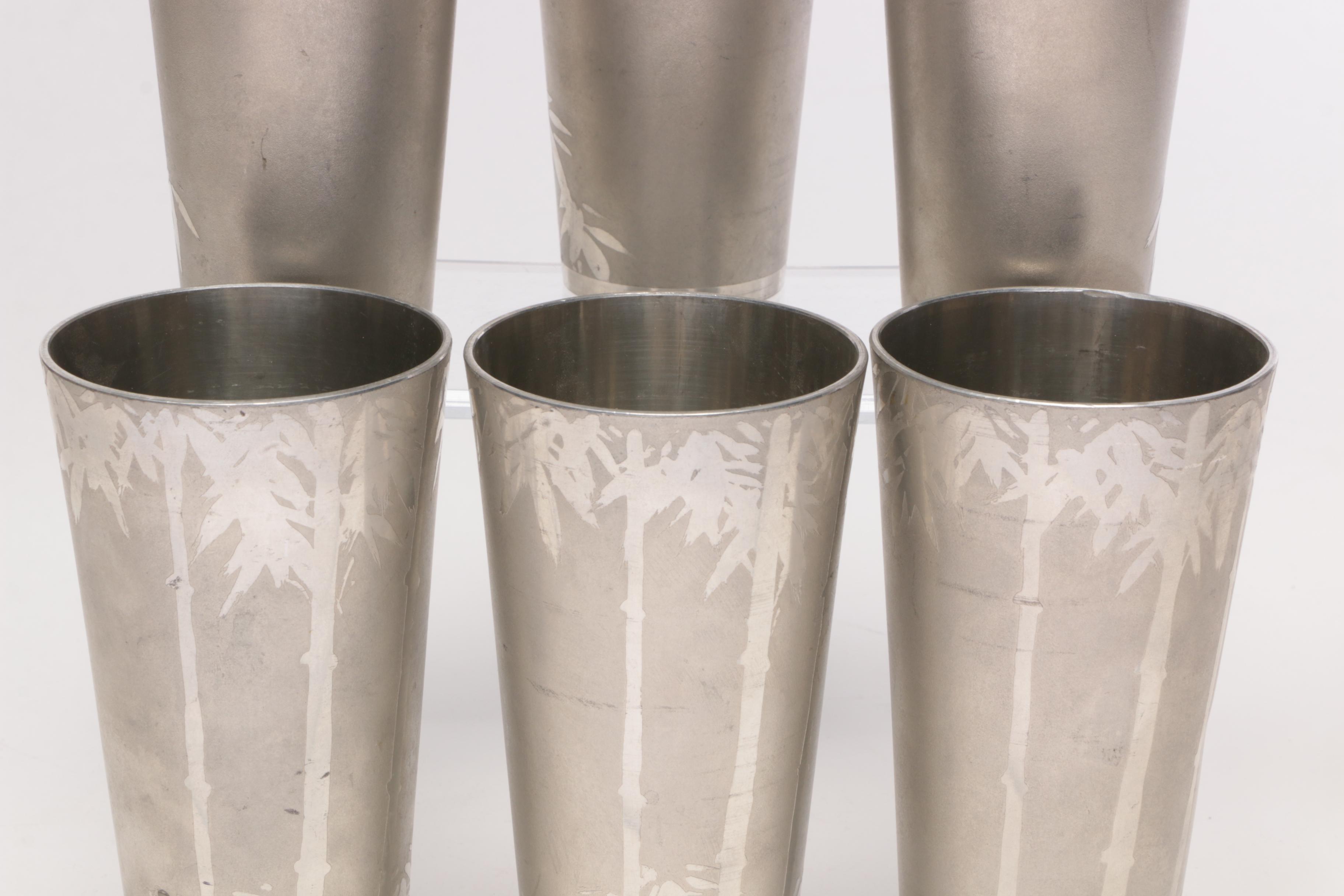 Stainless Steel Palm Tree Etched Drinking Glasses, Circa 1940s EBTH