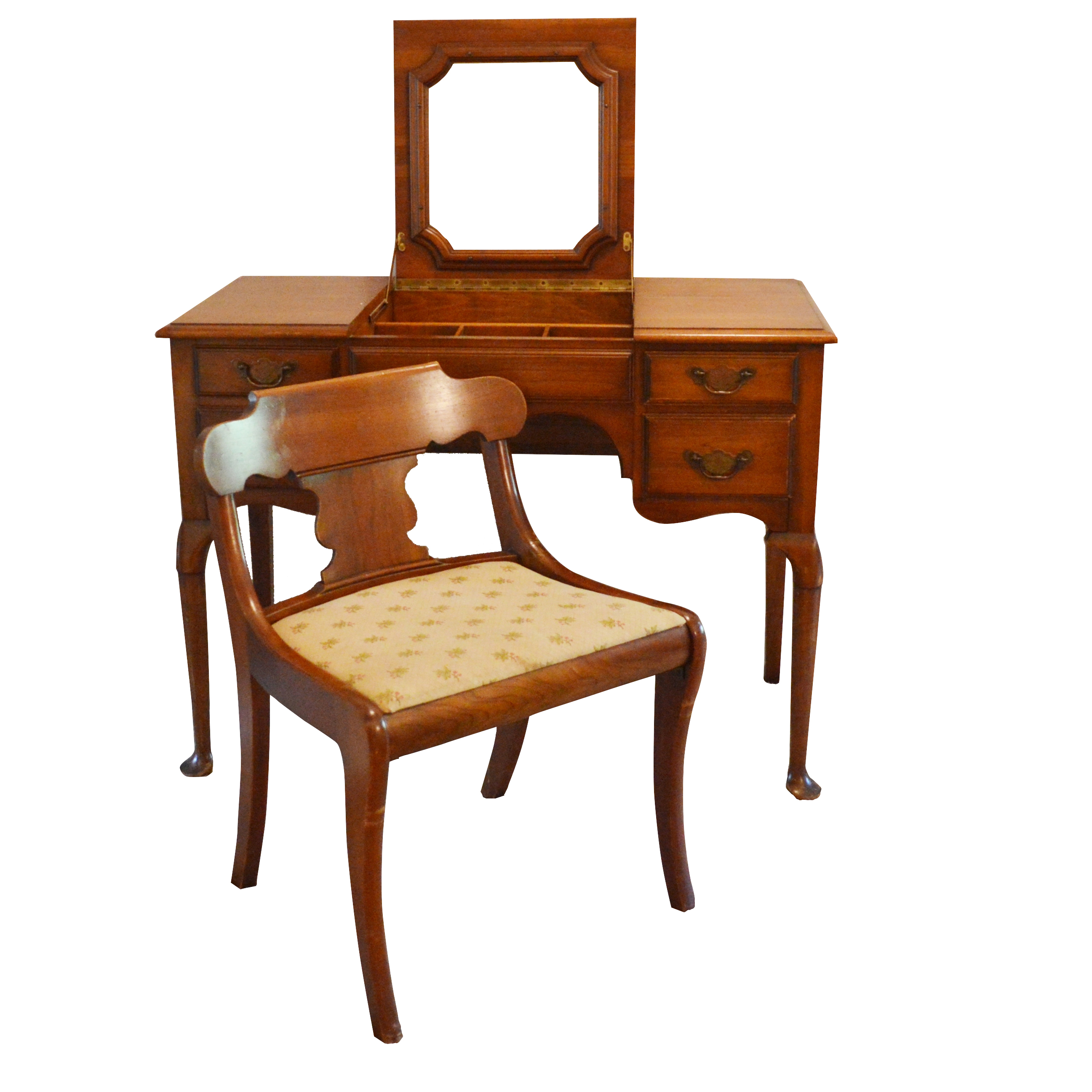 Queen Anne Style Mahogany Vanity Table And Chair 20th Century