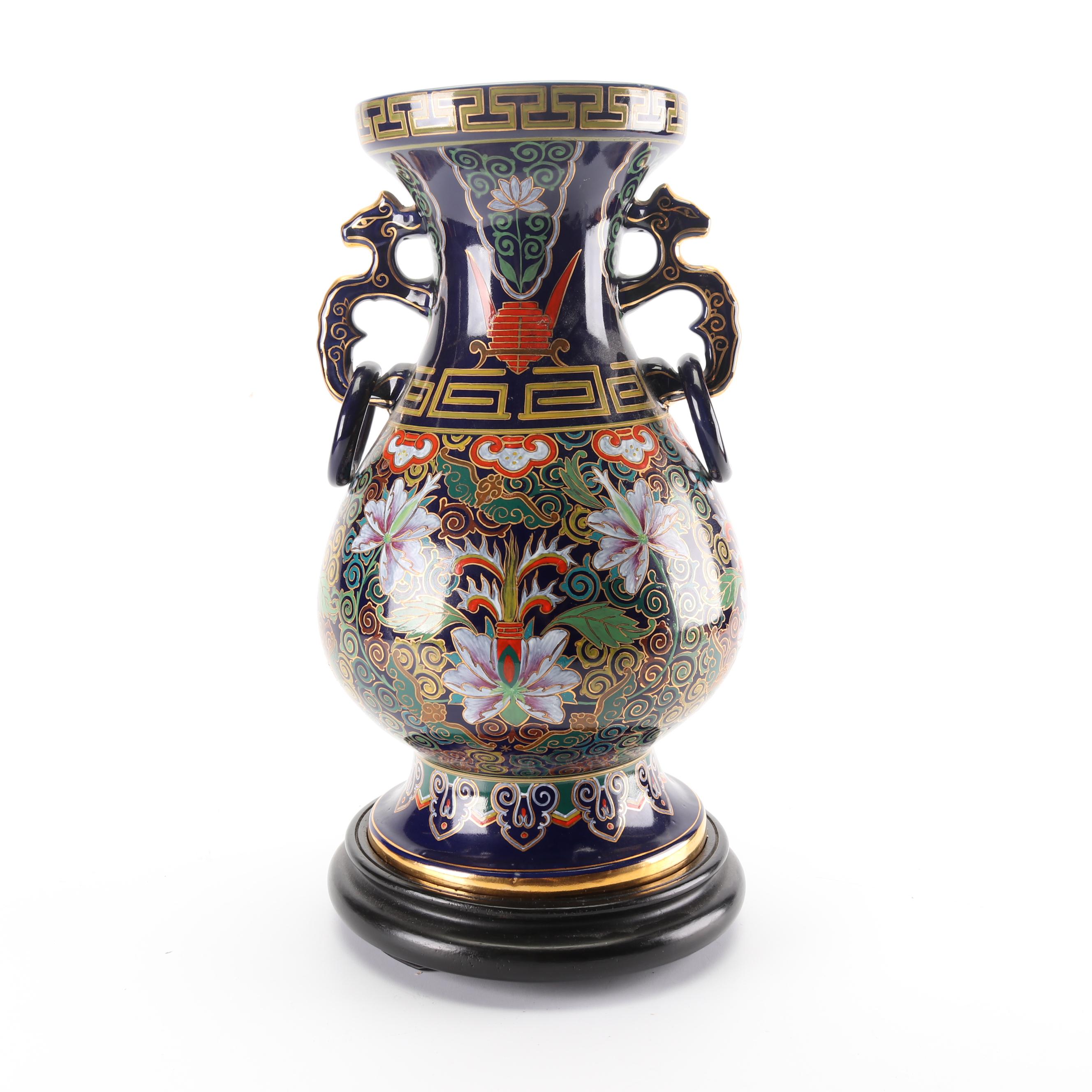 Chinese Style Hand Painted Ceramic Amphora Vase With Wood Stand Ebth
