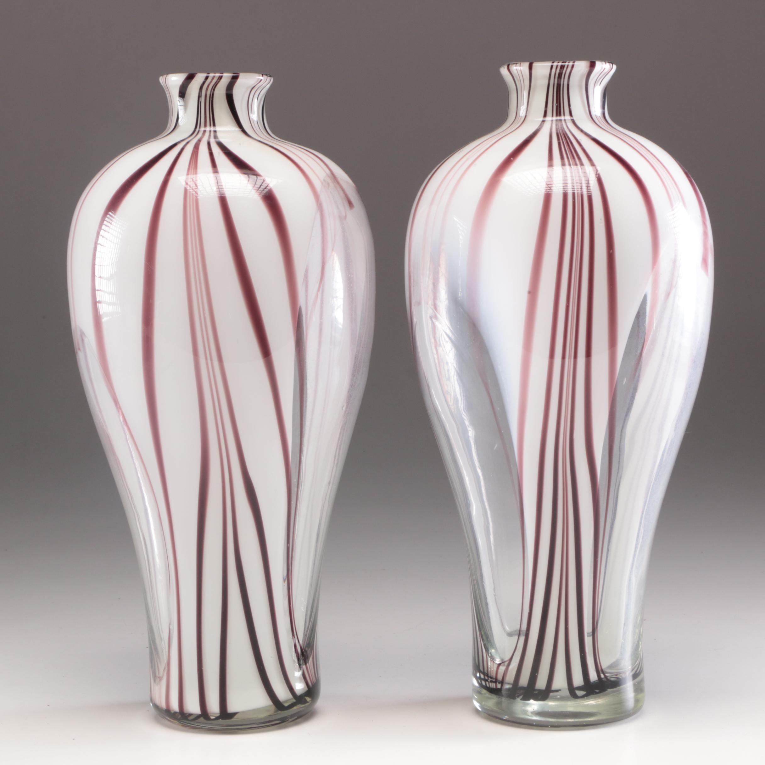 Hand Blown Cased Glass Candy Striped Flower Vases Ebth