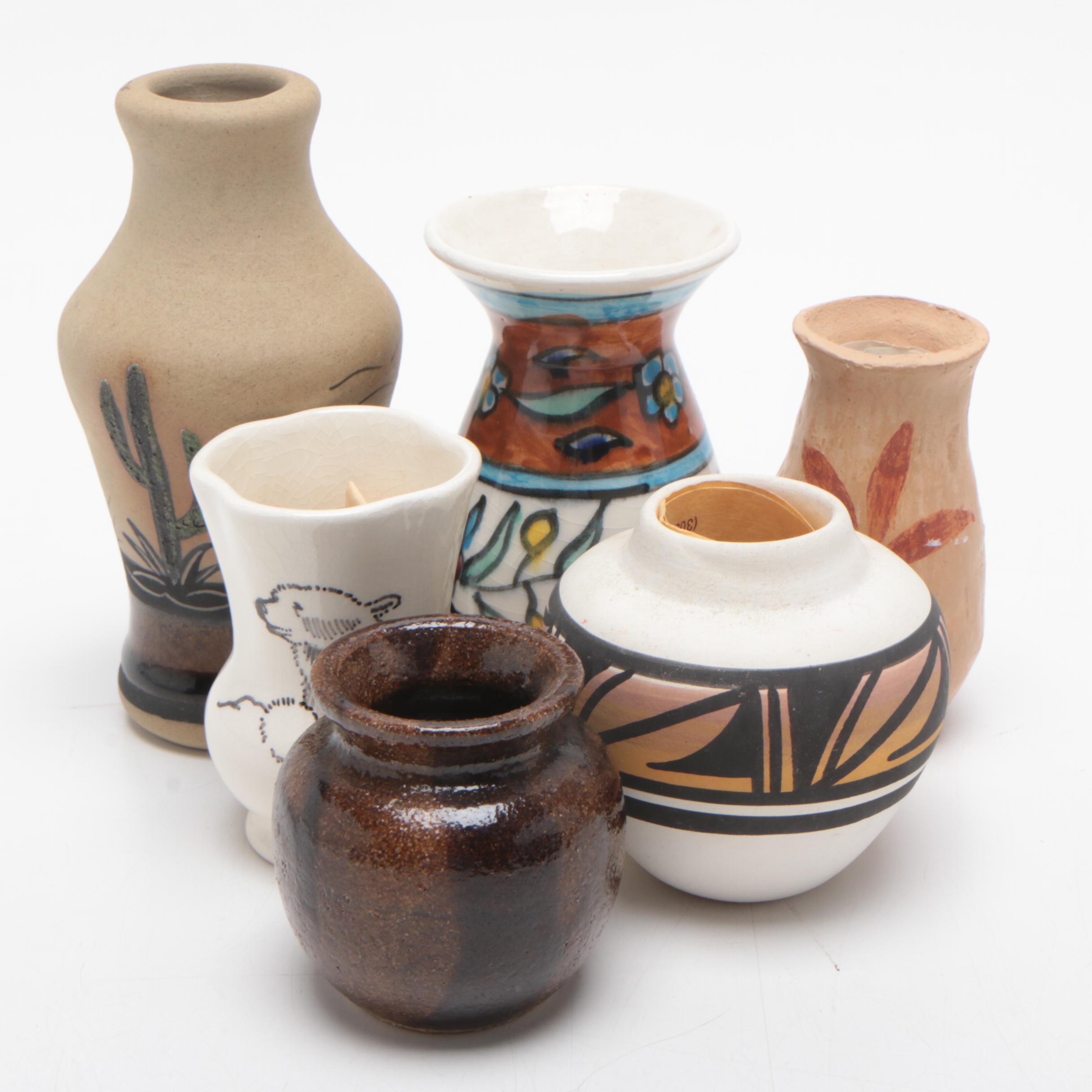 Mesa Verde And Mexican Pottery Vases With Alaskan Ceramic Holder