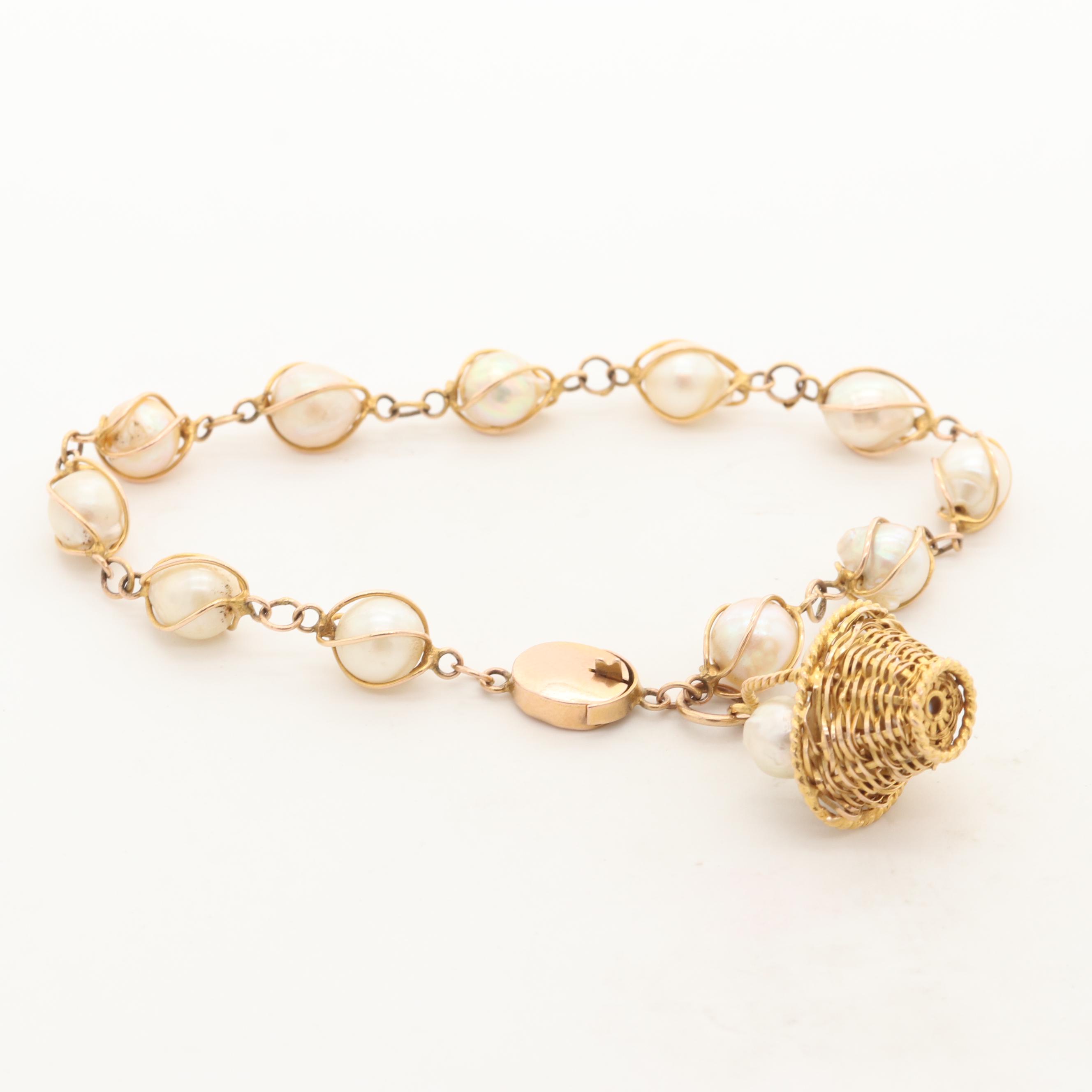 14K Yellow Gold Cultured Pearl Bracelet with 18K Yellow Gold Basket