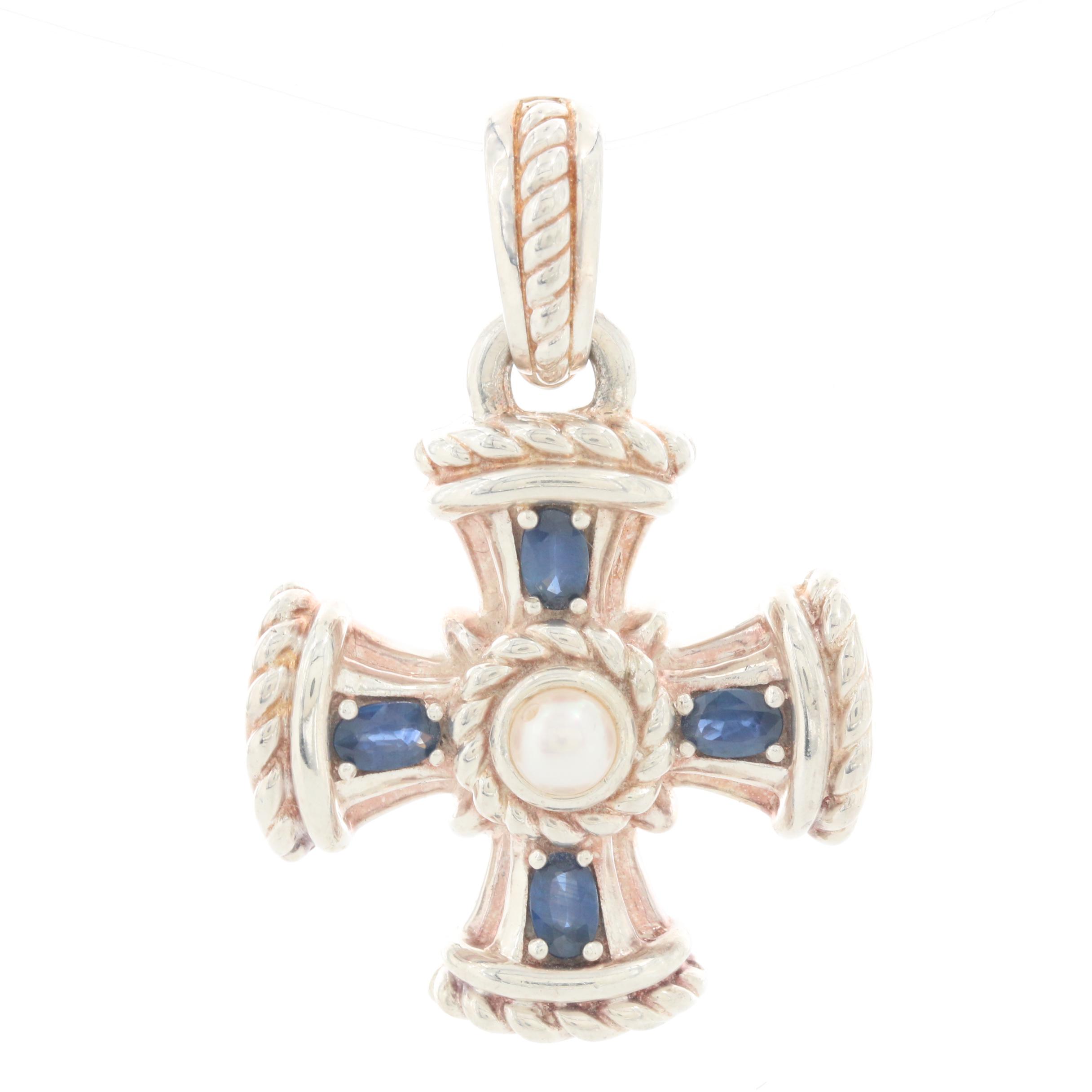 Judith Ripka 925 Blue Sapphire & Pearl Cross outlet Necklace