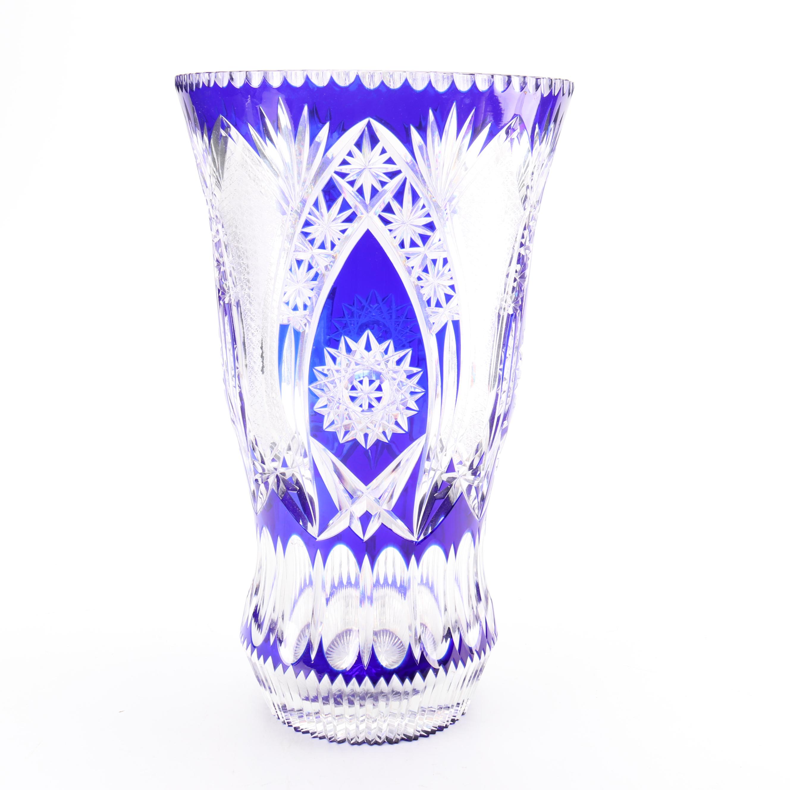 Bohemian Style Blue Cut To Clear Glass Floor Vase Mid Century Ebth