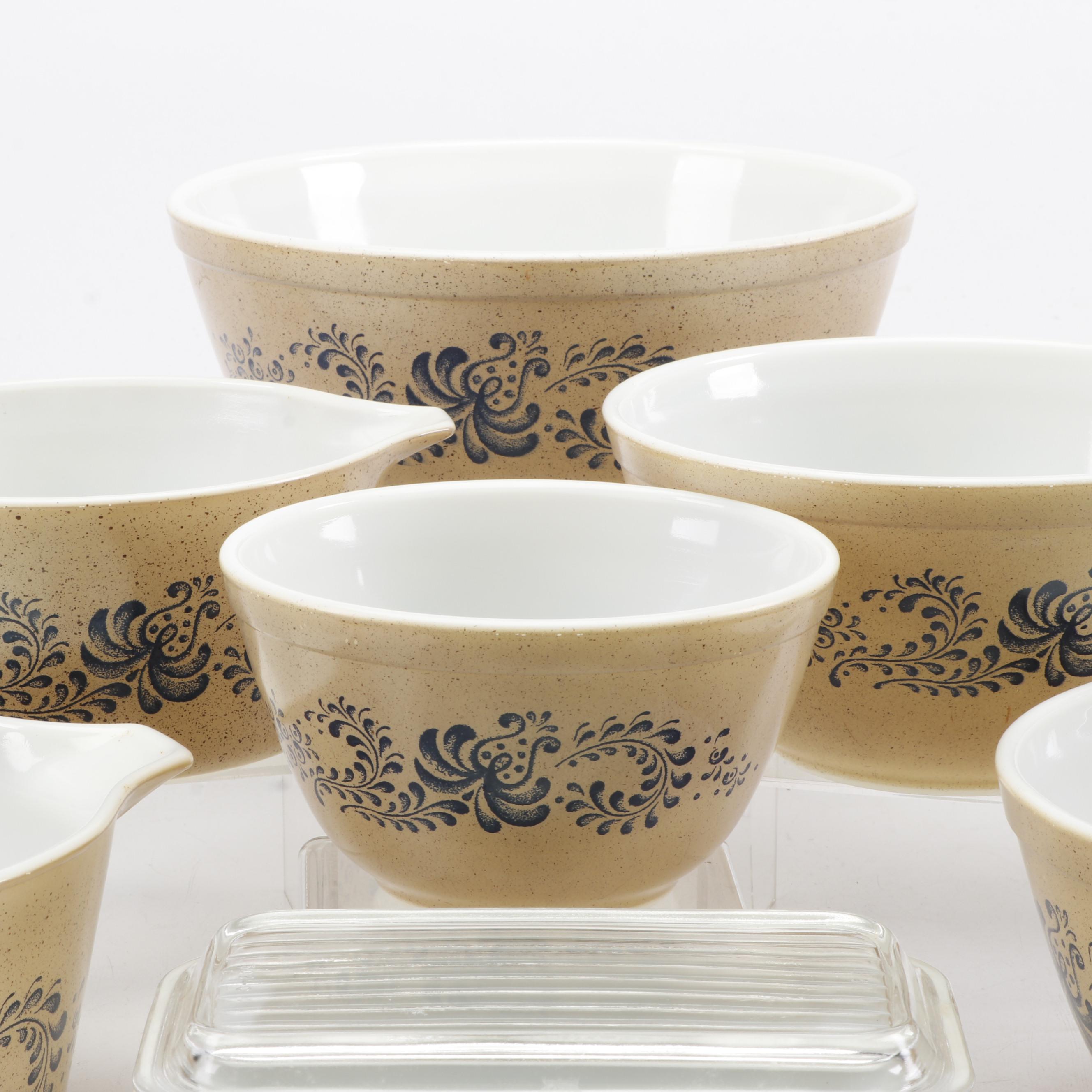 Set of Pyrex "Homestead" Brown Speckled Mixing Bowls and Refrigerator
