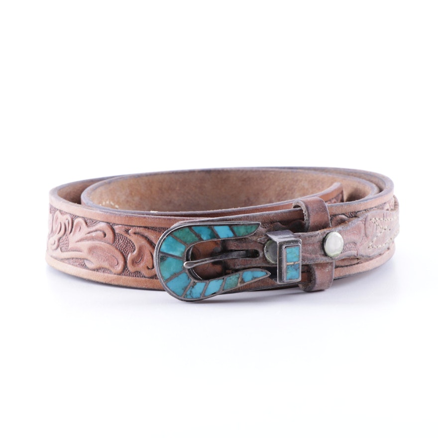 Tooled Leather Belt with Sterling Silver Turquoise Inlay Buckle | EBTH