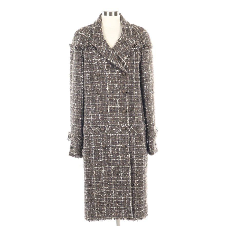 Chanel Raw Edge Tweed Double-Breasted Coat Embellished with Sequins