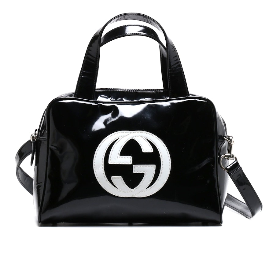 Gucci Black and White Patent Leather Logo Convertible Shoulder Bag | EBTH