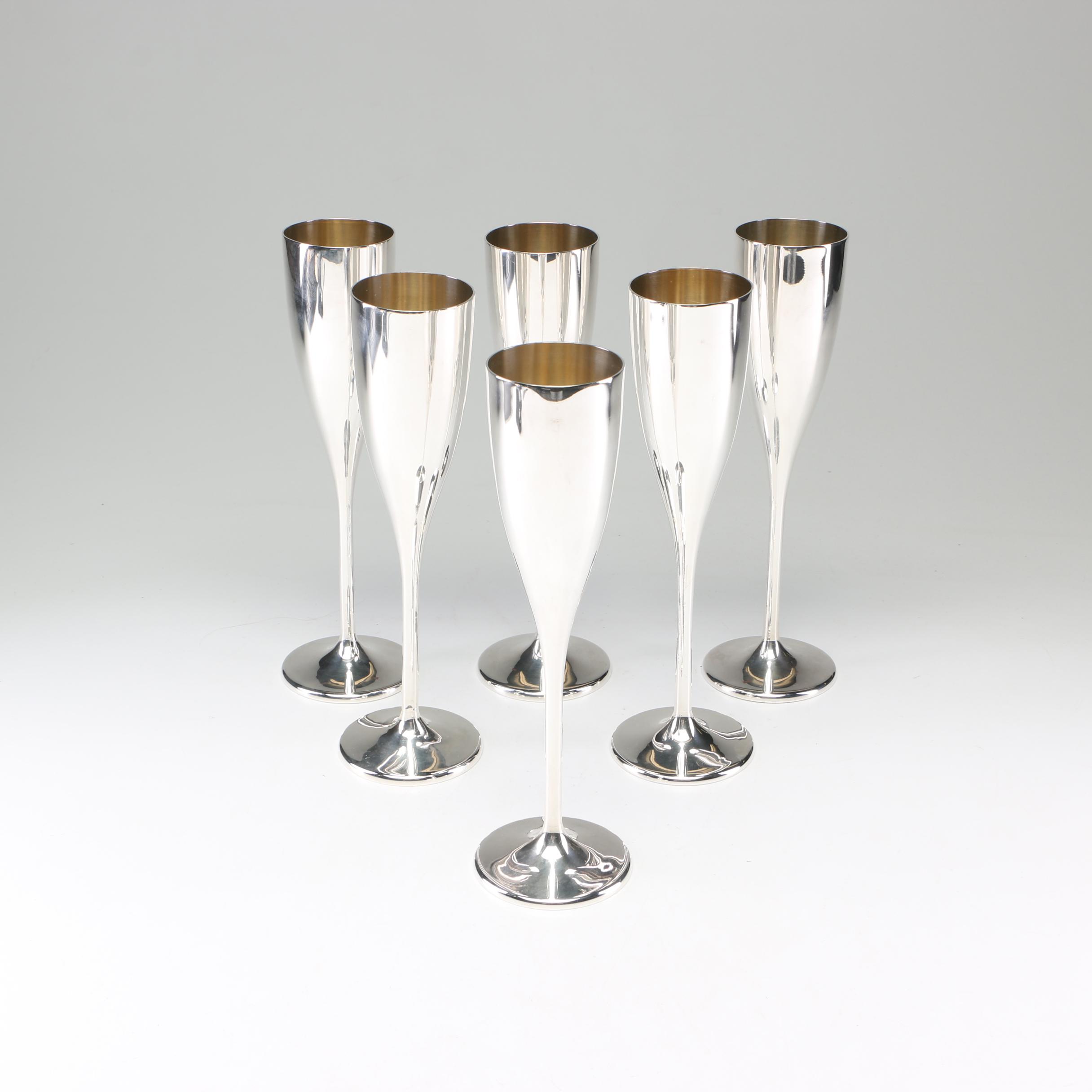 Set of Six Buccellati Sterling Silver Champagne Flutes with Vermeil