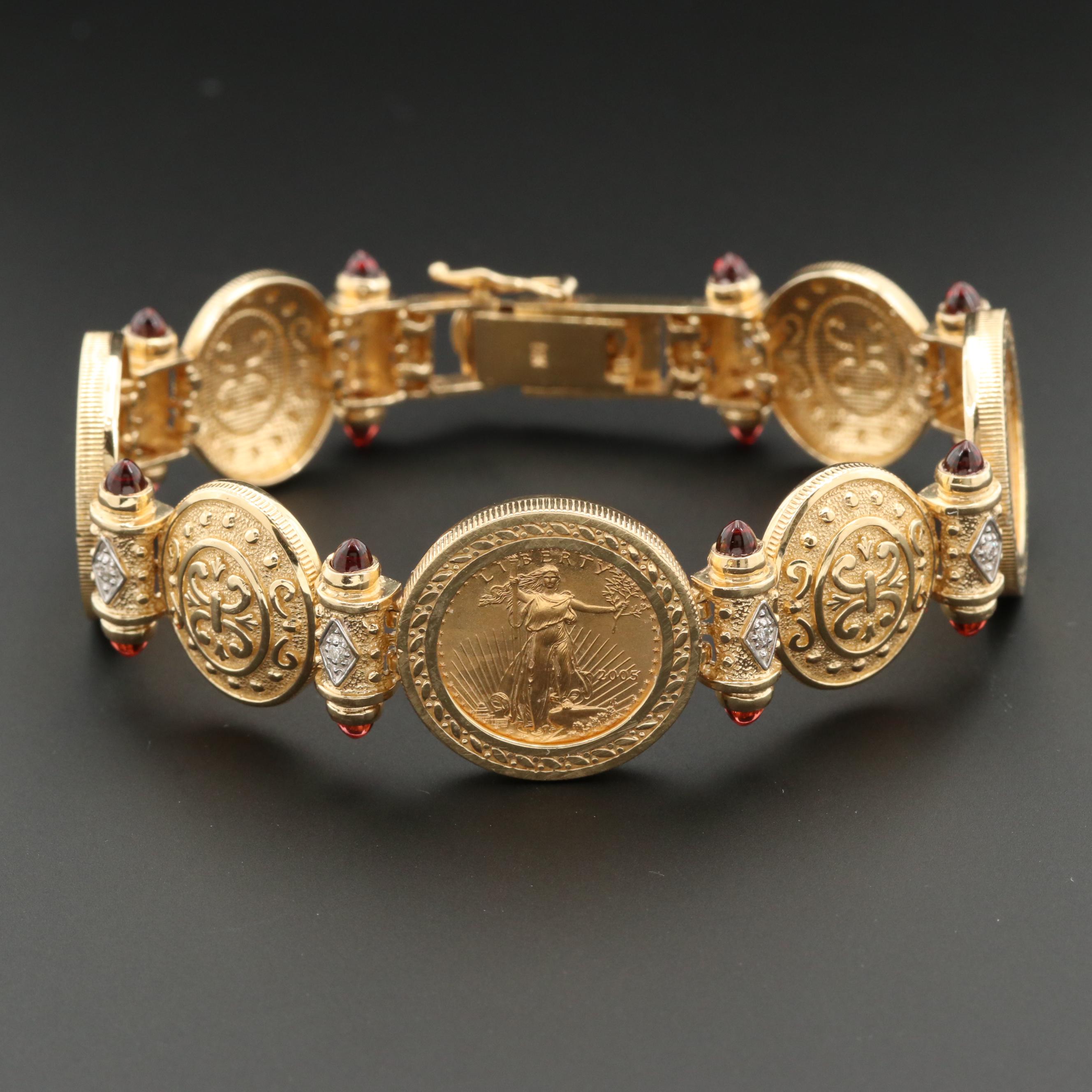 14k Diamond And Garnet Bracelet With Gold Eagle Bullion Coins