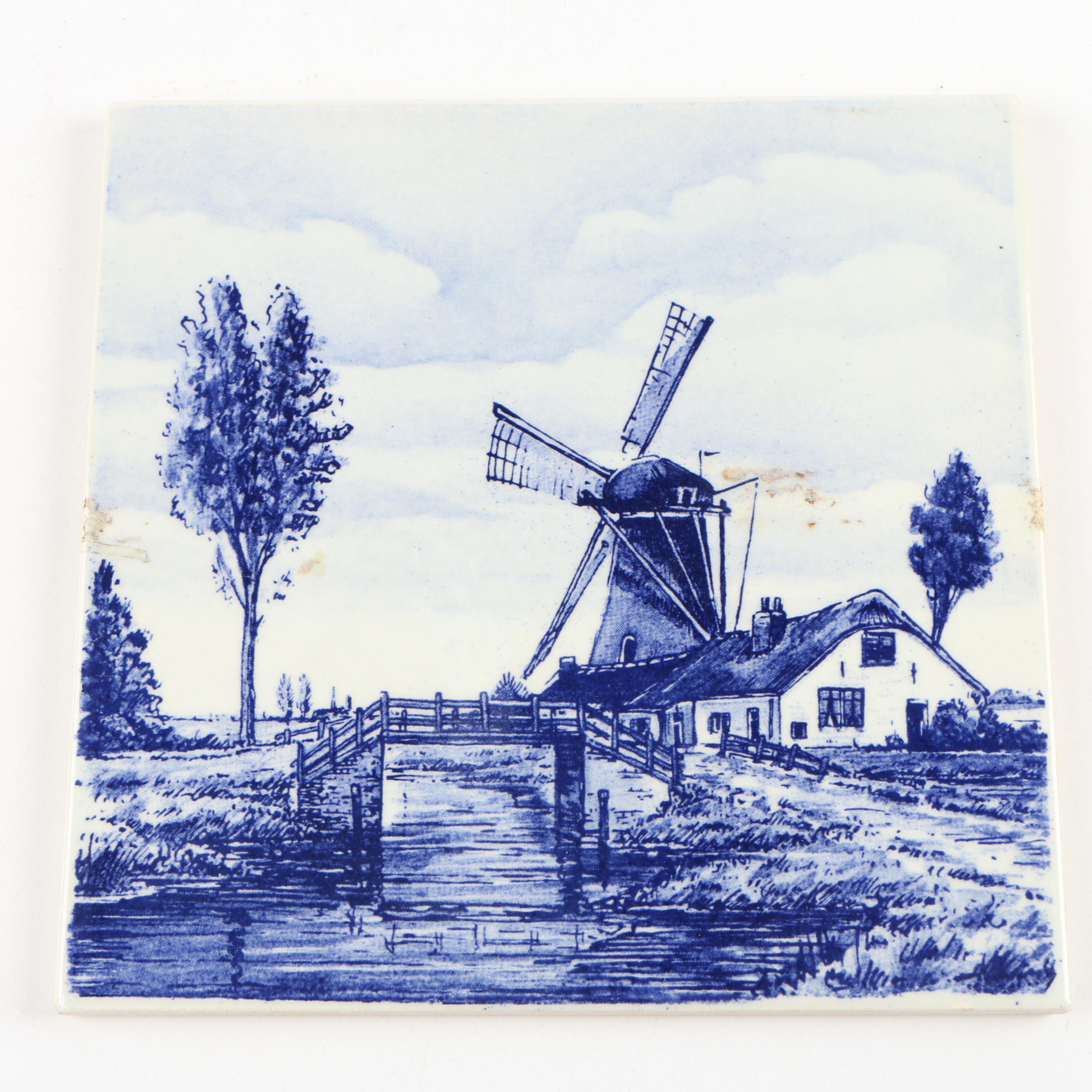 Dutch Hand-Painted Delft Blue Windmill Scenes Ceramic Wall Tiles | EBTH