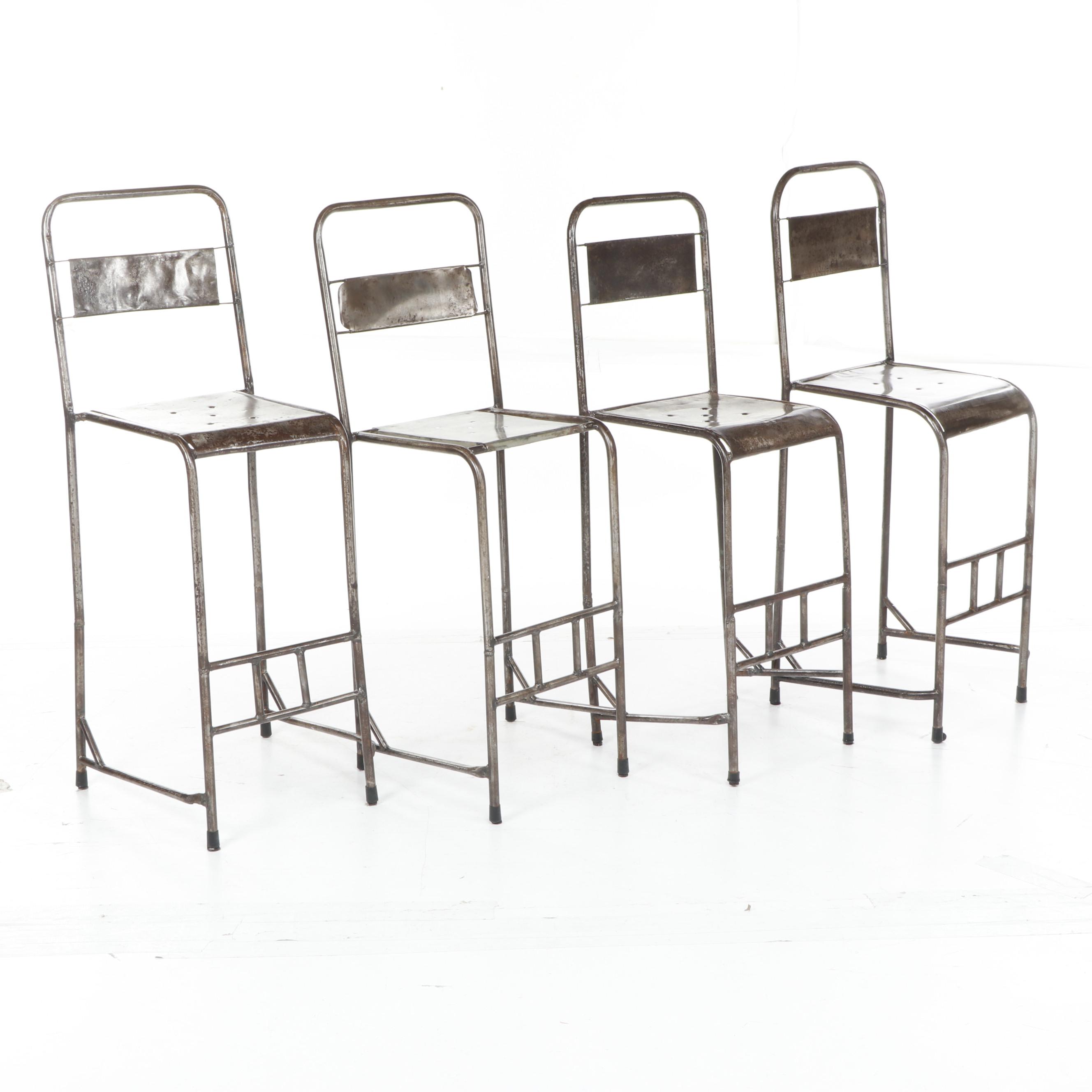 Industrial Style Distressed Metal Bar Stools, Set of Four EBTH