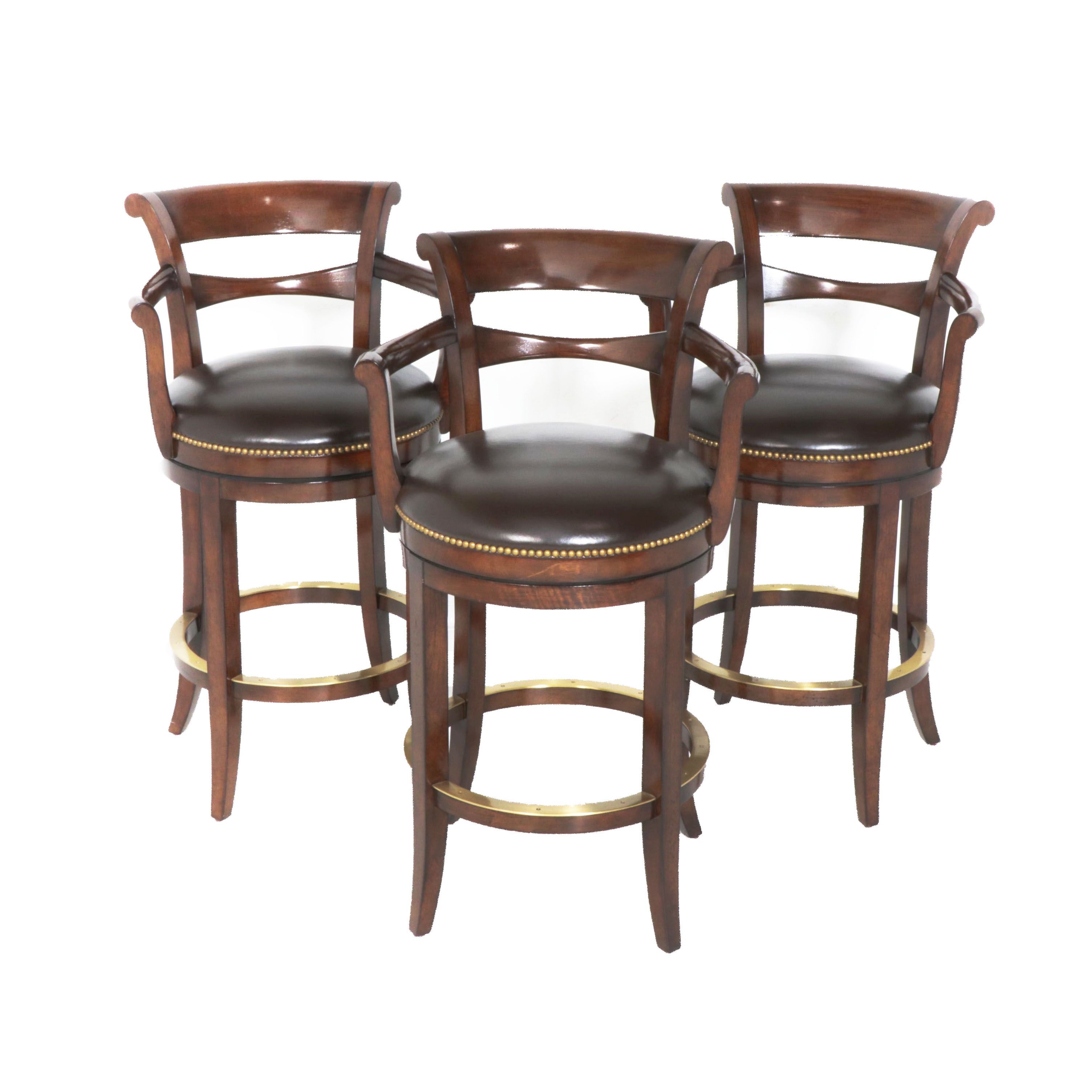 Woodbridge Swivel Leather Bar Stools with Brass Footrest, Late 20th
