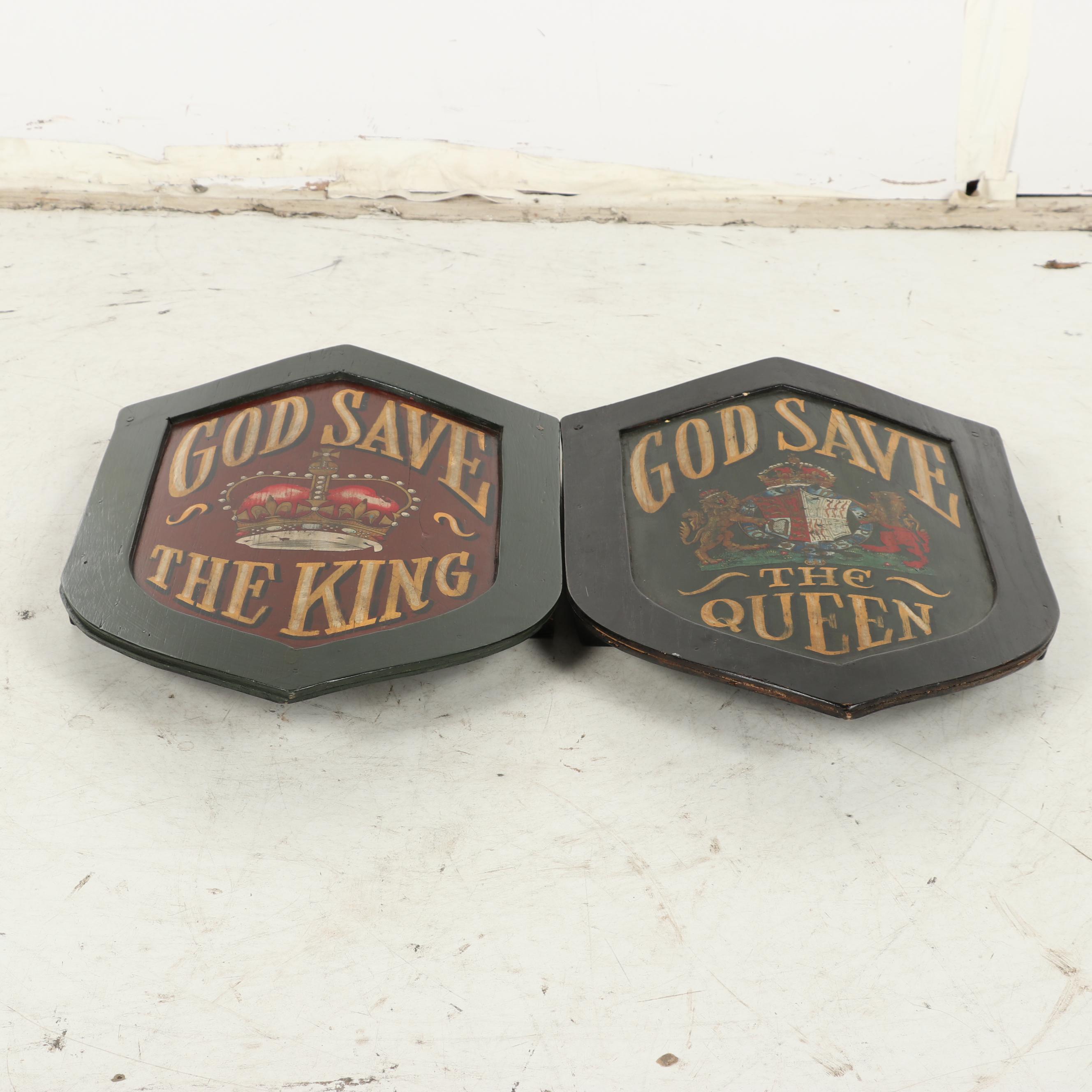 HandPainted "God Save the King and Queen" Wood Wall Hanging Shields EBTH