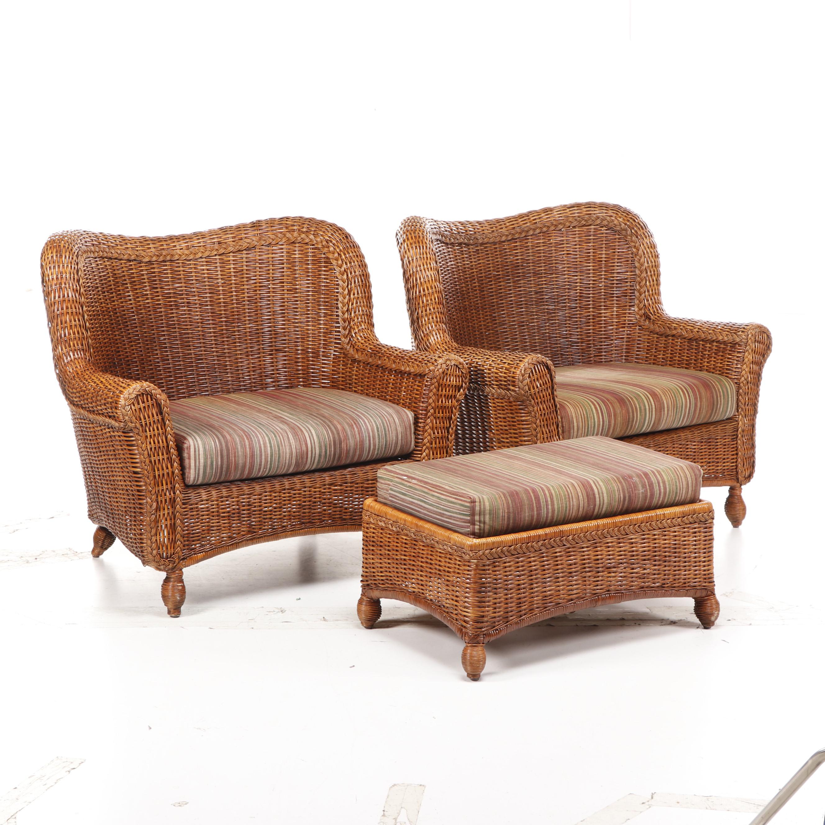 Pier 1 Oversized Woven Wicker Patio Chairs with Ottoman, Late 20th