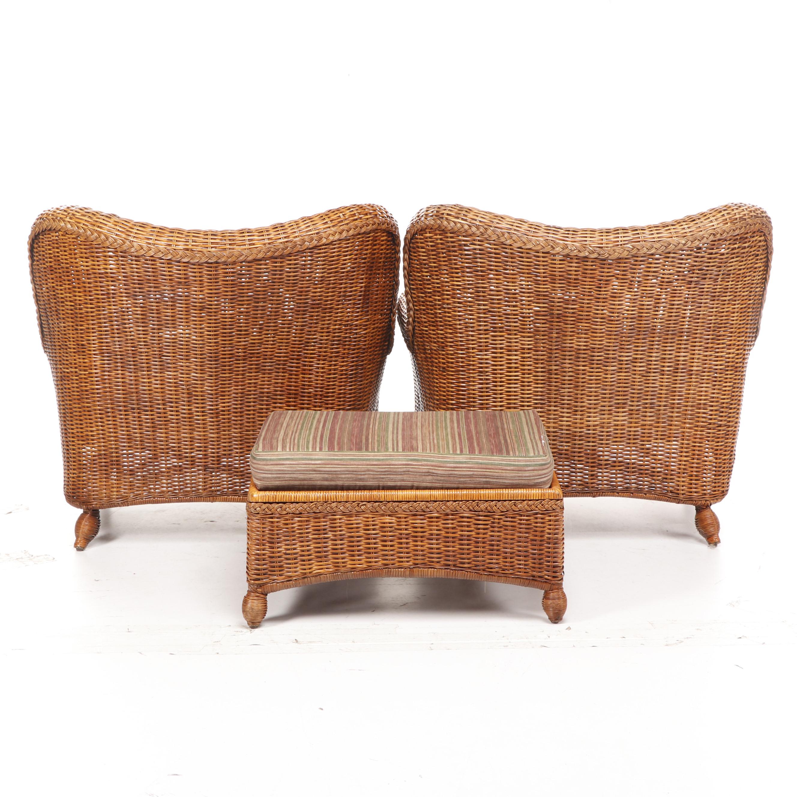 Pier 1 Oversized Woven Wicker Patio Chairs With Ottoman, Late 20th ...