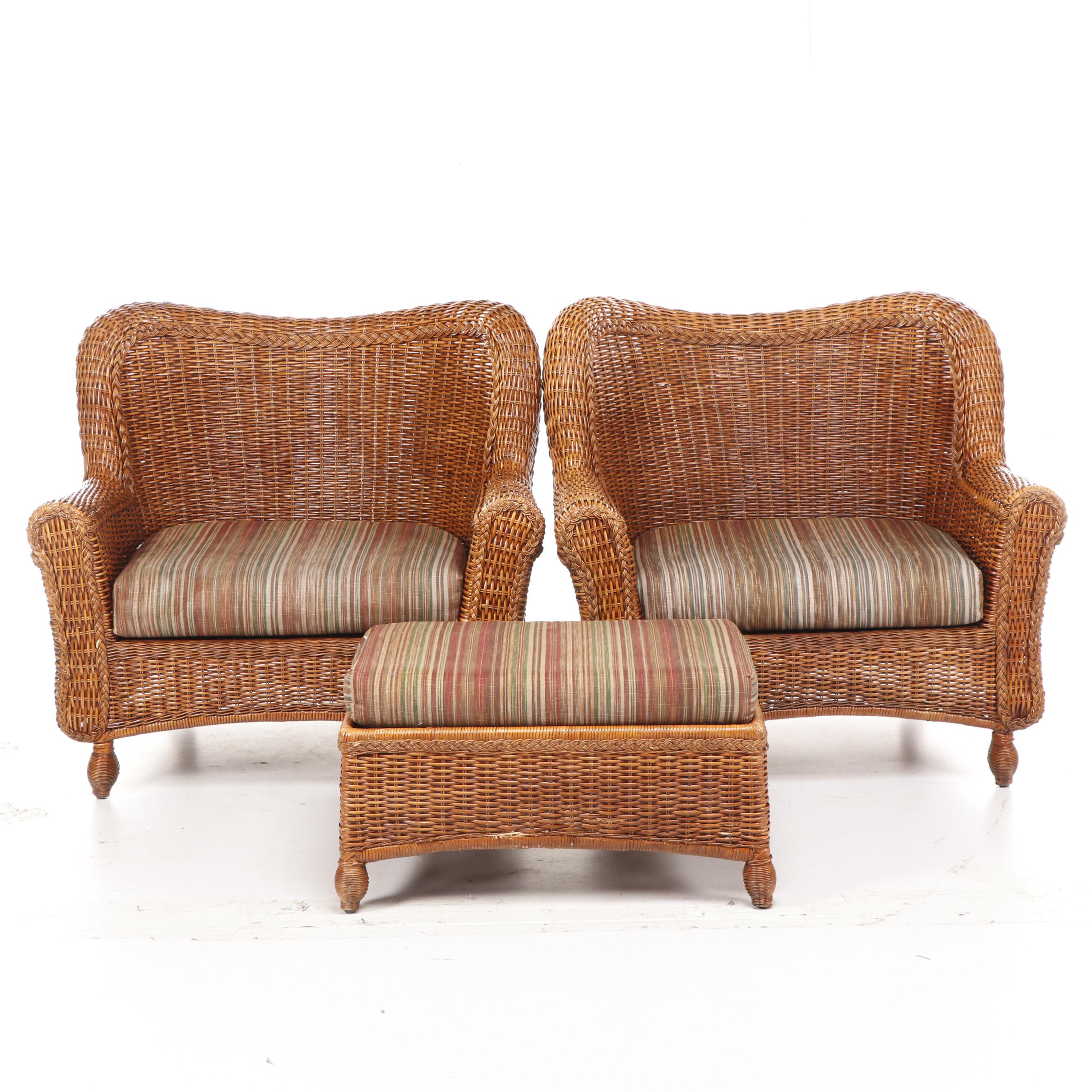 Pier 1 Oversized Woven Wicker Patio Chairs With Ottoman, Late 20th ...