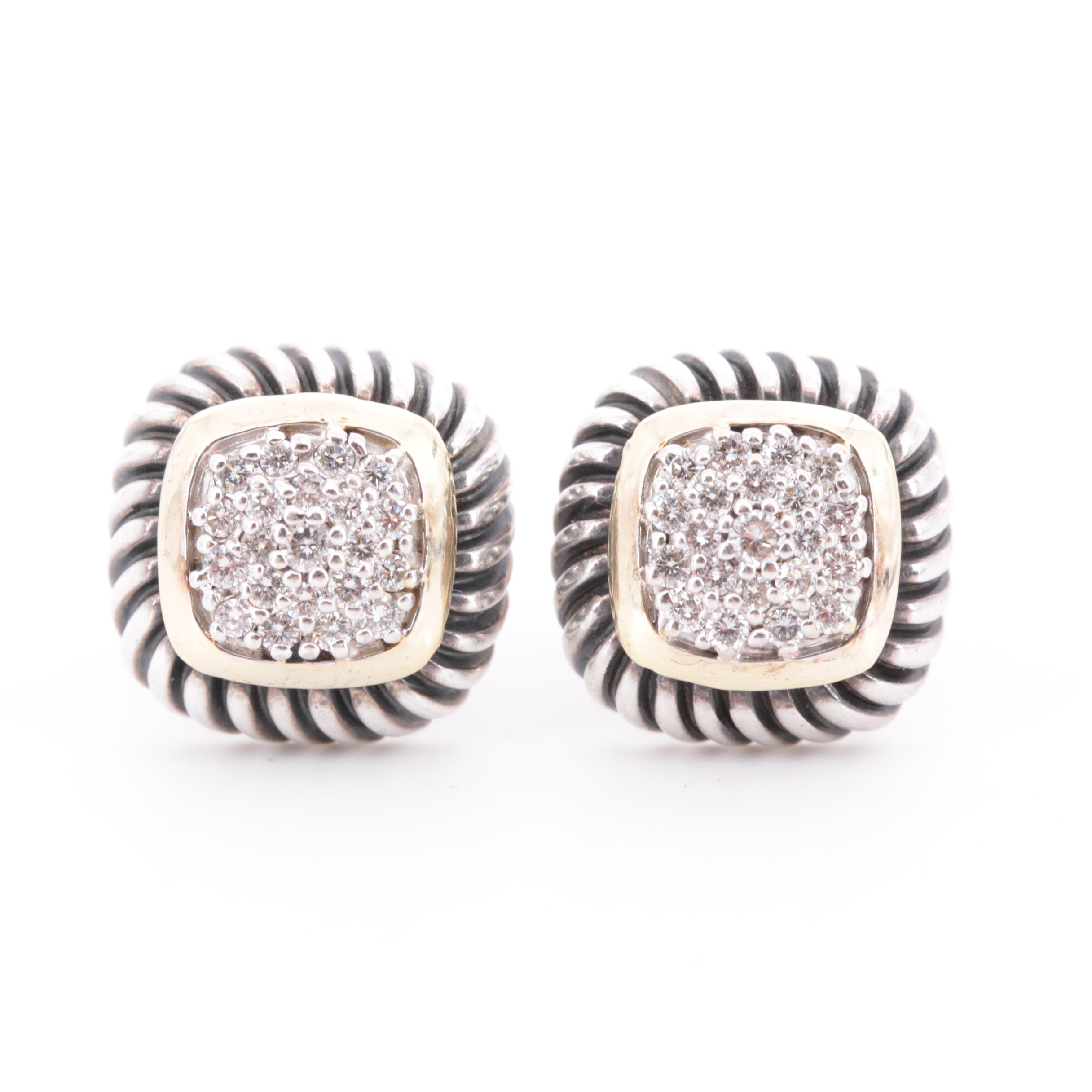 David Yurman Sterling Silver Diamond Pav&eacute; Earrings with 18K Yellow Gold Accent
