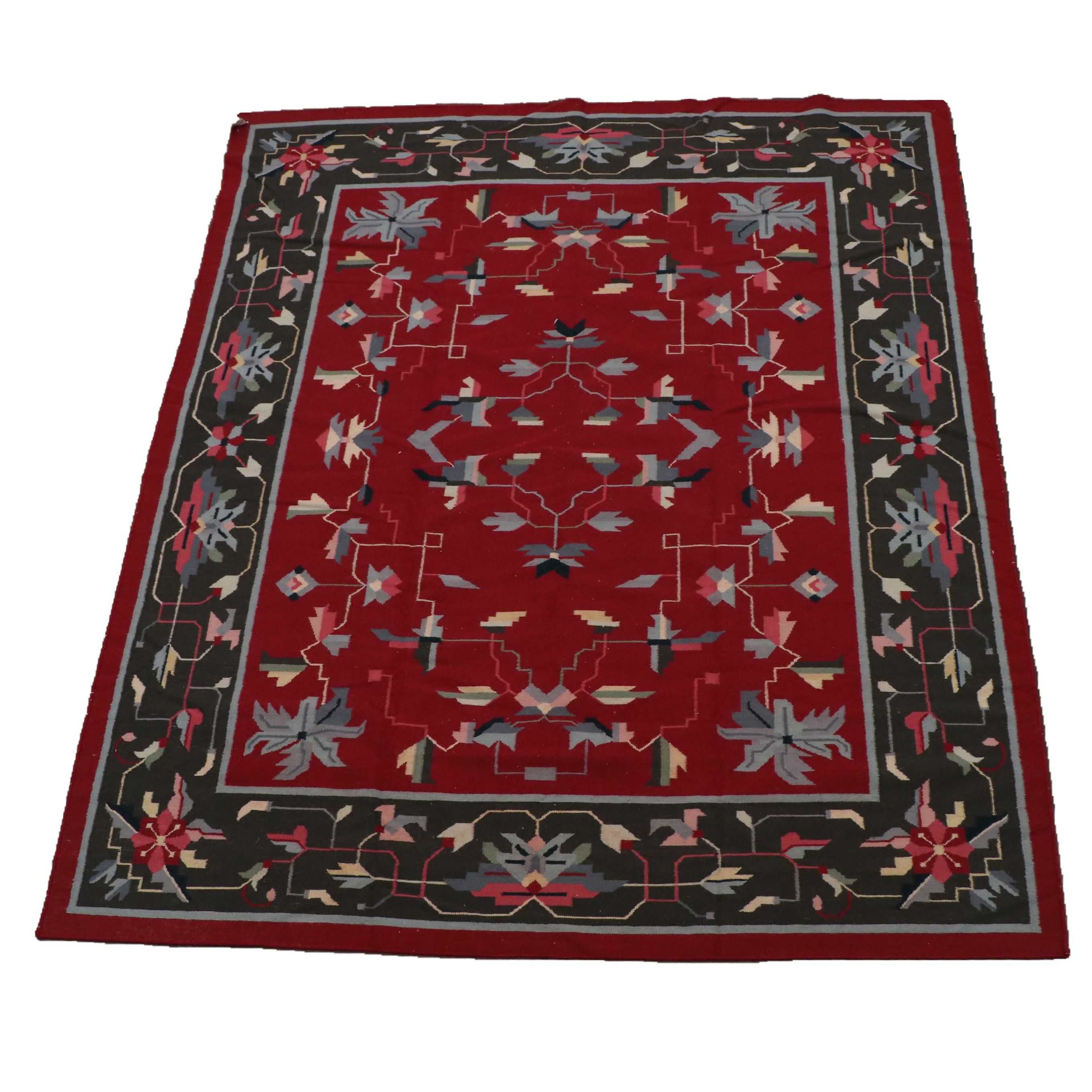 Handwoven Indian Wool Floral Dhurrie Area Rug EBTH