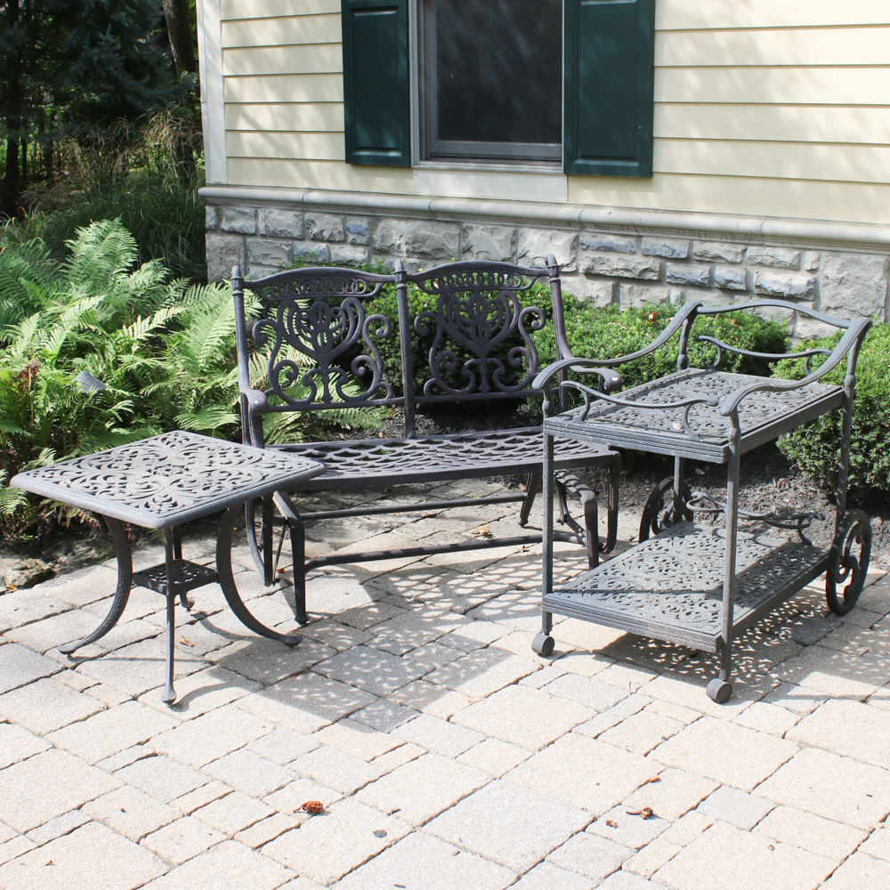 Contemporary Cast Aluminum Patio Glider Bench, Bar Cart and Side Table